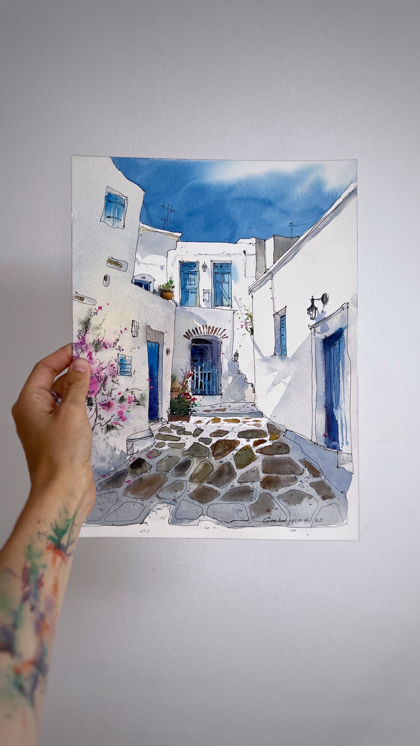 Spanish Corner - Mediterranean art original artwork, vibrant blue door and whitewashed walls