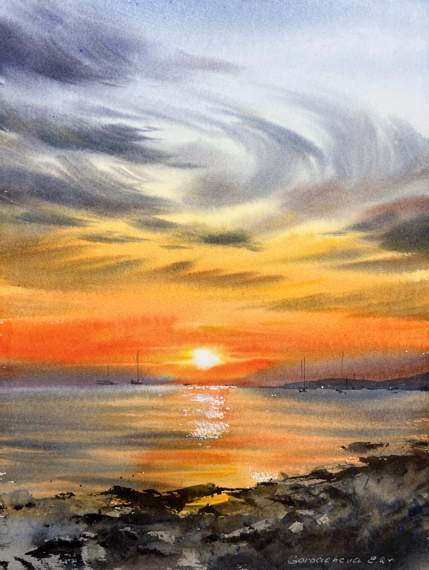 Seaside Sunset Watercolor Art | Orange Sunset #27 | Nautical Yachts 9x12 in