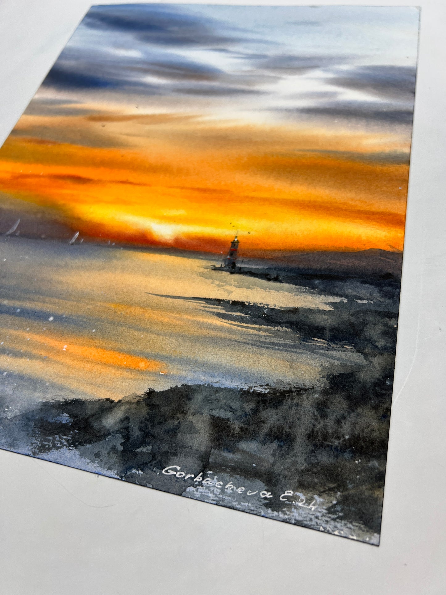 Seaside Sunset Watercolor Art | Orange Sunset #27 | Nautical Yachts 9x12 in