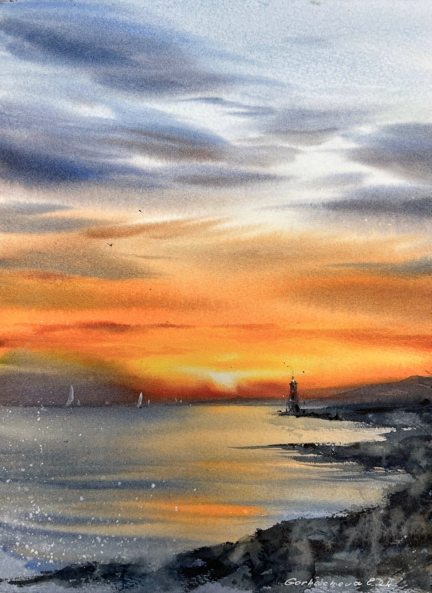 Lighthouse at Sunset #2 Watercolor Painting - Nautical Wall Art