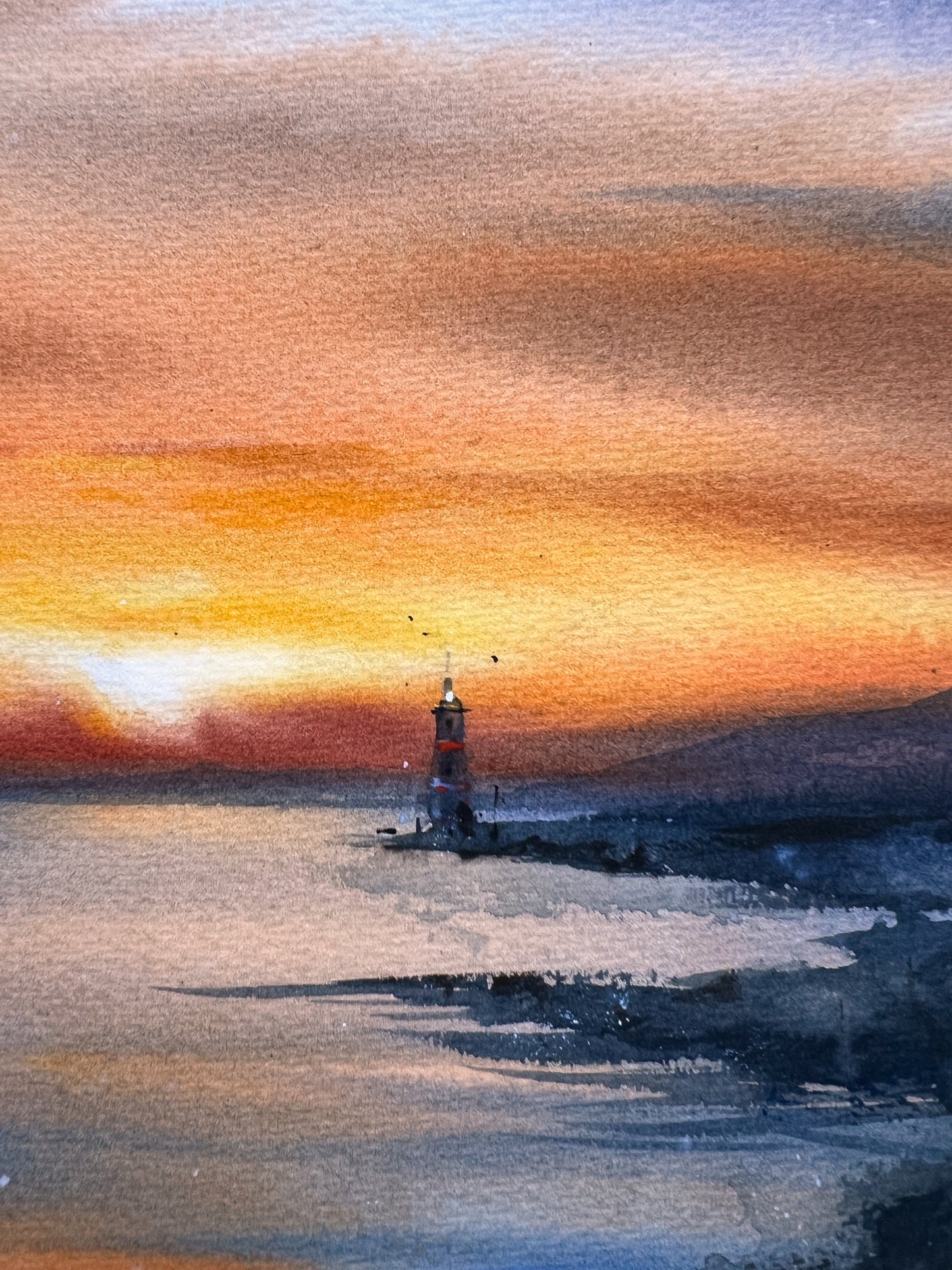 Lighthouse at Sunset #2 Watercolor Painting - Nautical Wall Art