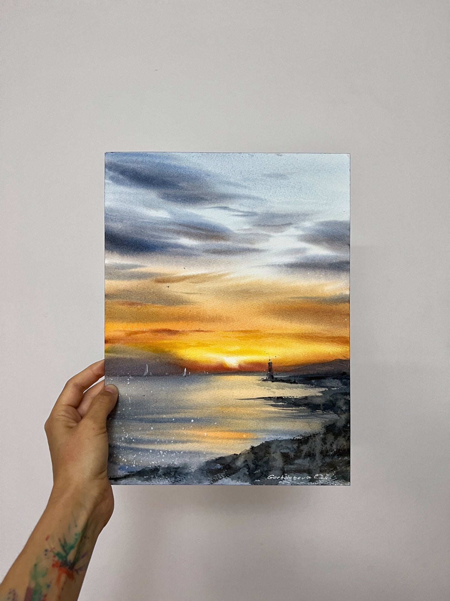 Lighthouse at Sunset #2 Watercolor Painting - Nautical Wall Art