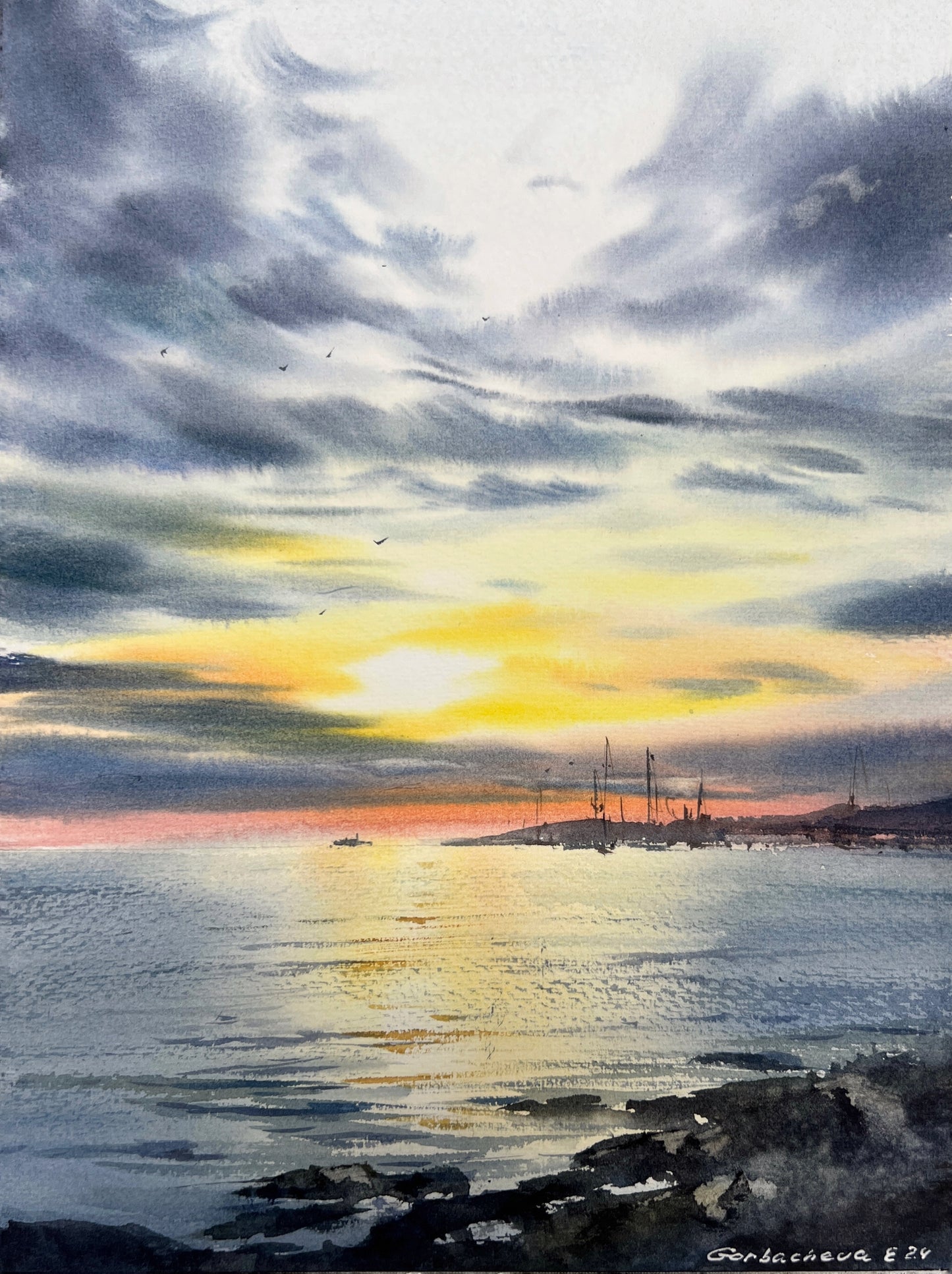 Sail Away with Art: Stunning Watercolor Painting 'Yachts at Sunset #17' 9x12 in