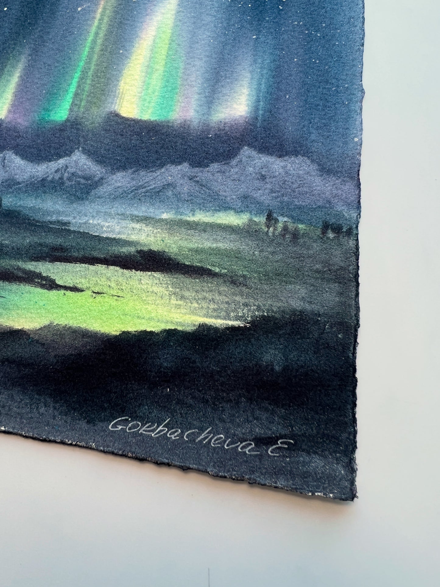 Aurora Painting Original, Watercolor Northern lights, Winter Landscape, Frozen River, Norwegian Wall Art