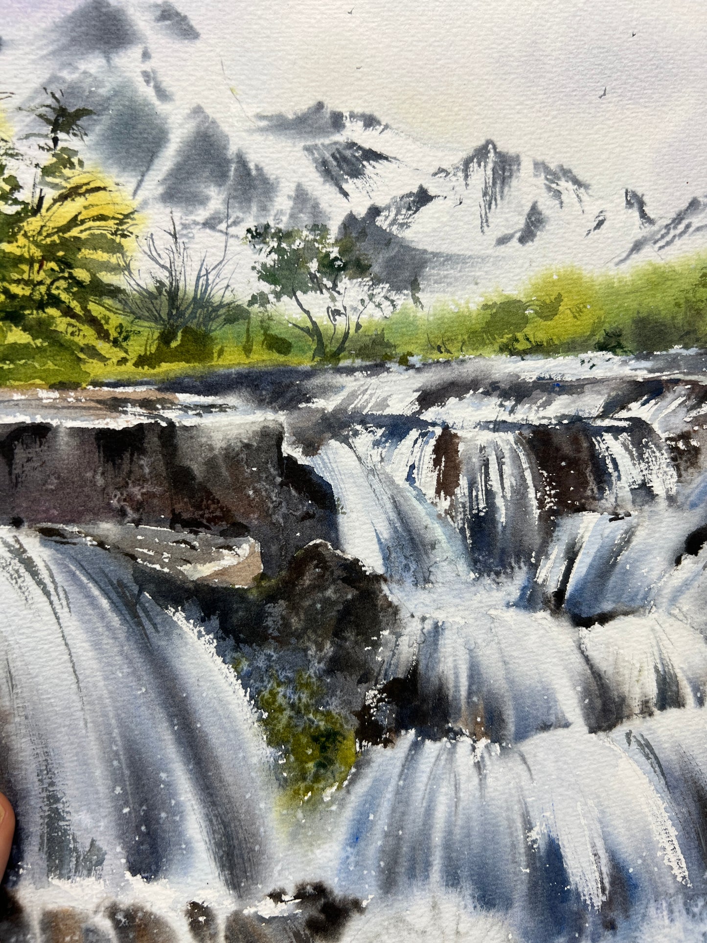 Original Watercolor Painting - Nordic Landscape Waterfall #11