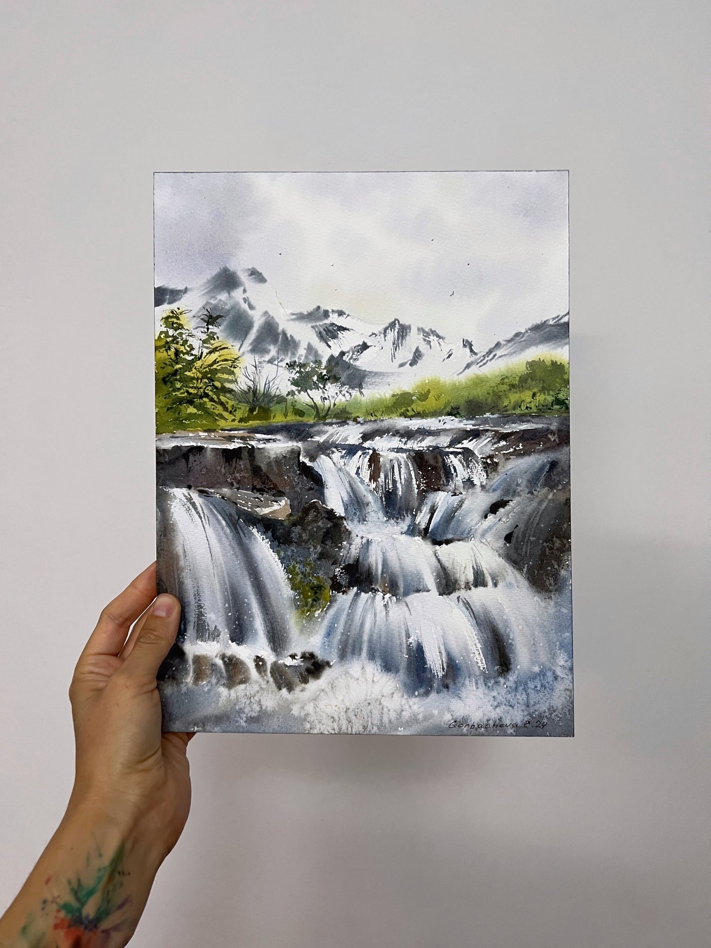 Original Watercolor Painting - Nordic Landscape Waterfall #11