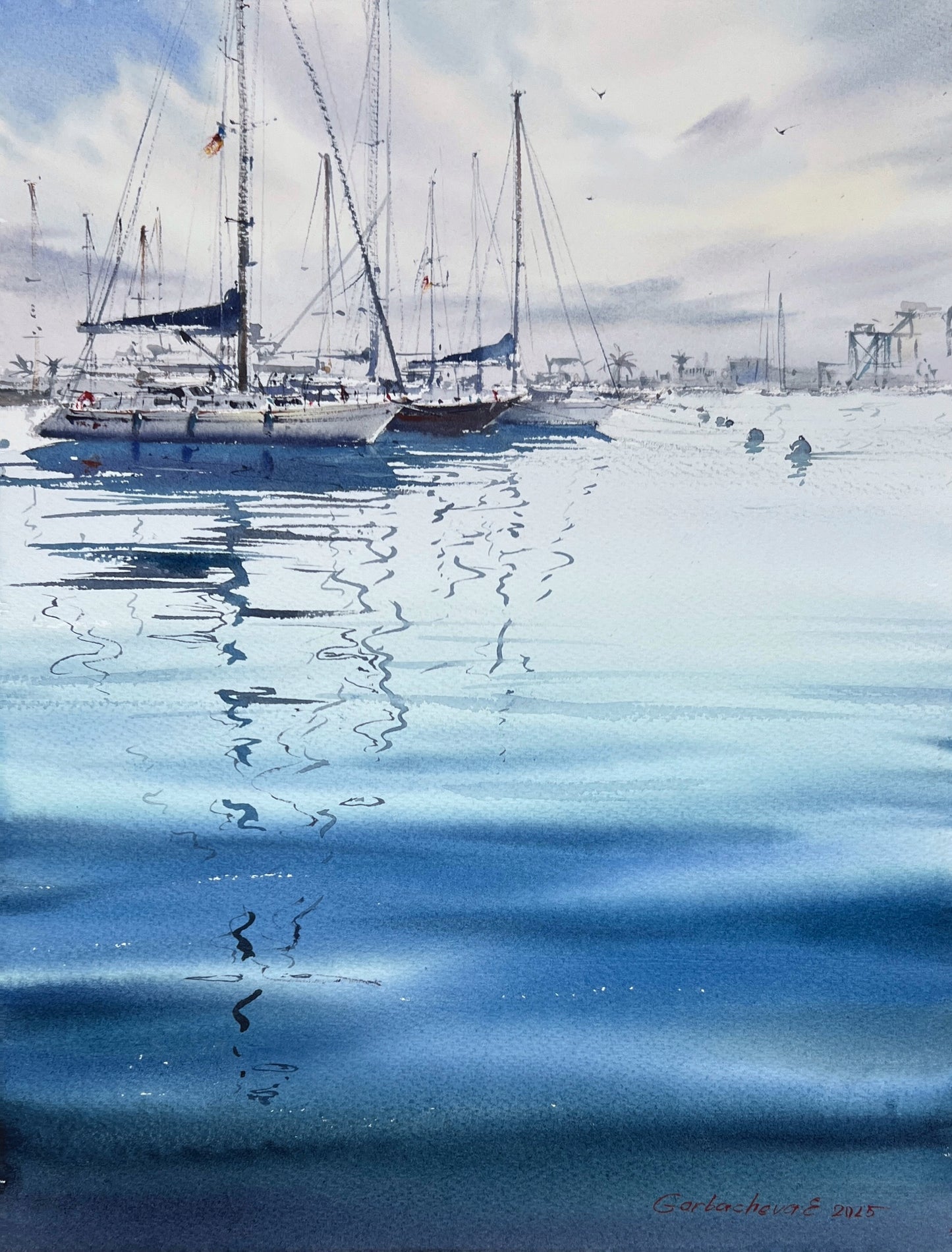 Original Watercolor Painting "Yachts in the Morning Haze" - Nautical Gift