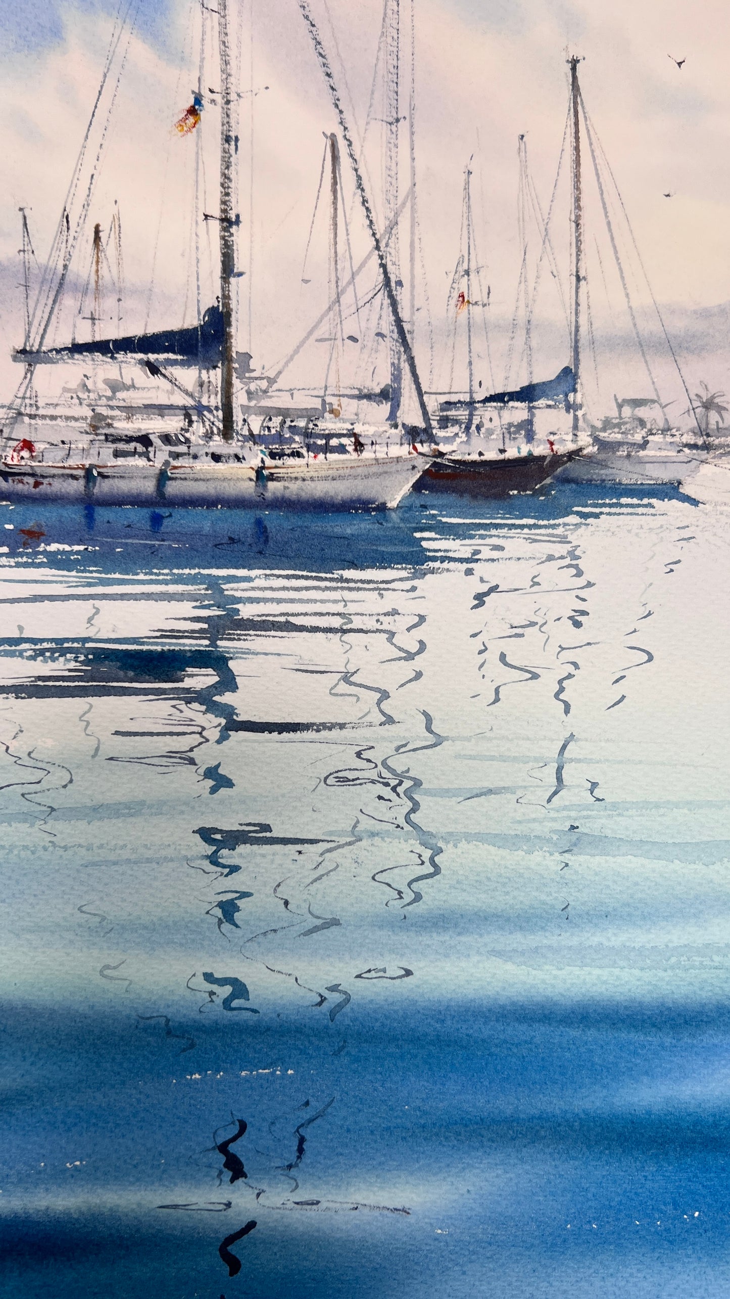 Original Watercolor Painting "Yachts in the Morning Haze" - Nautical Gift