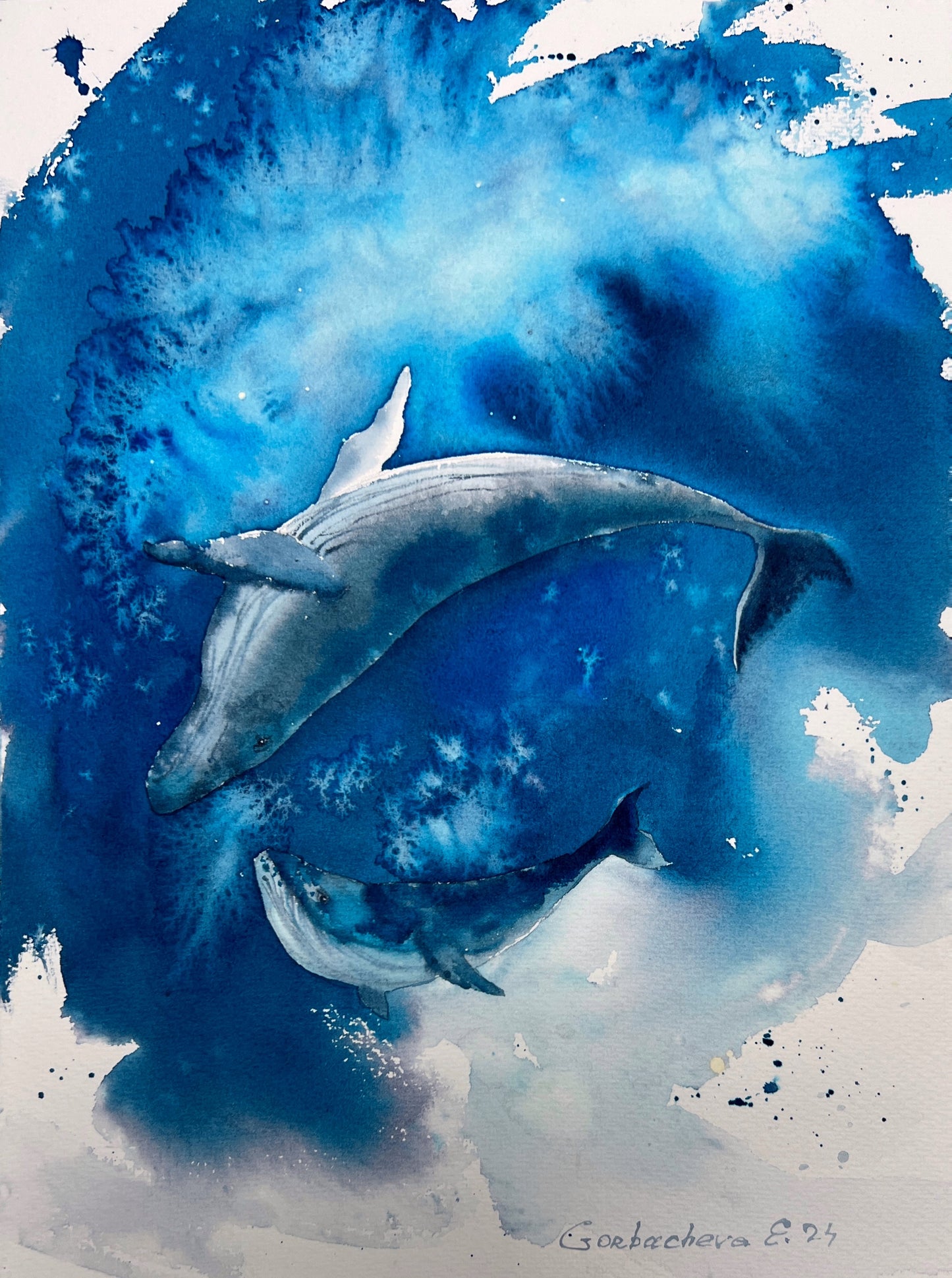 Ocean Life Art: Small Watercolor Painting 'Whales' 9x12 inches