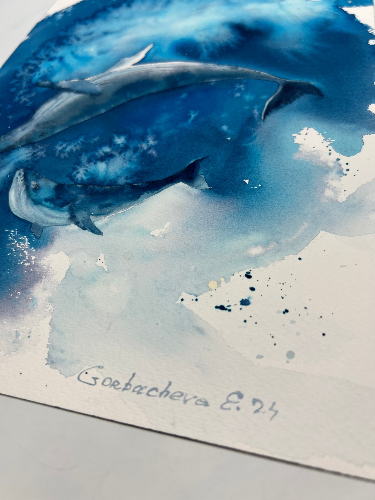 Ocean Life Art: Small Watercolor Painting 'Whales' 9x12 inches