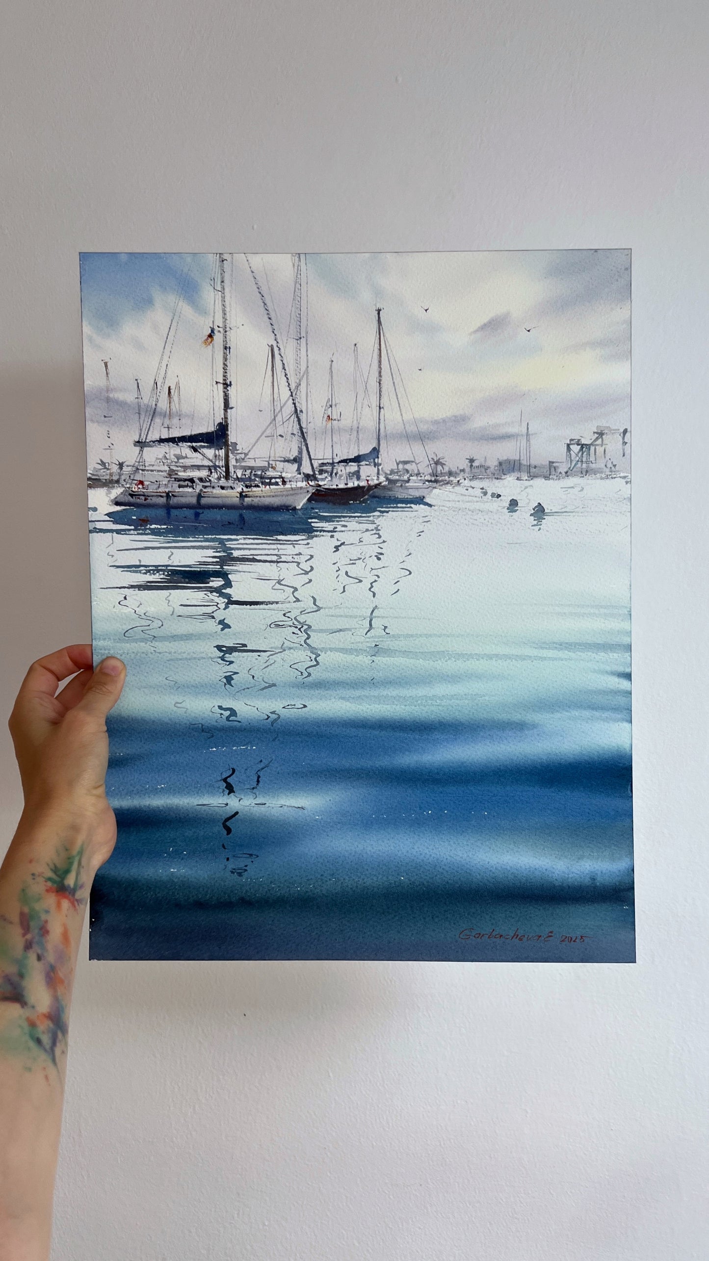 Original Watercolor Painting "Yachts in the Morning Haze" - Nautical Gift