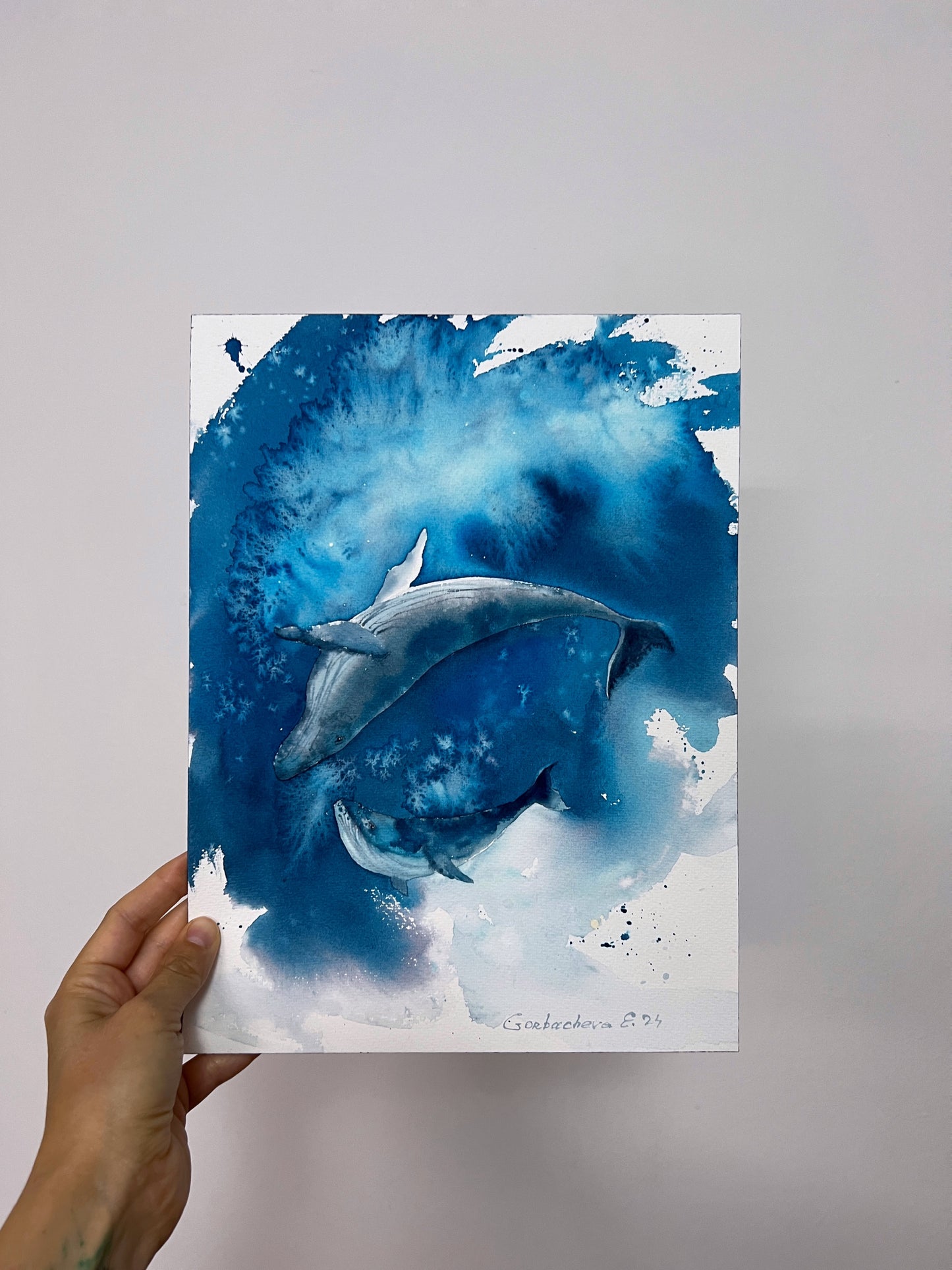 Ocean Life Art: Small Watercolor Painting 'Whales' 9x12 inches