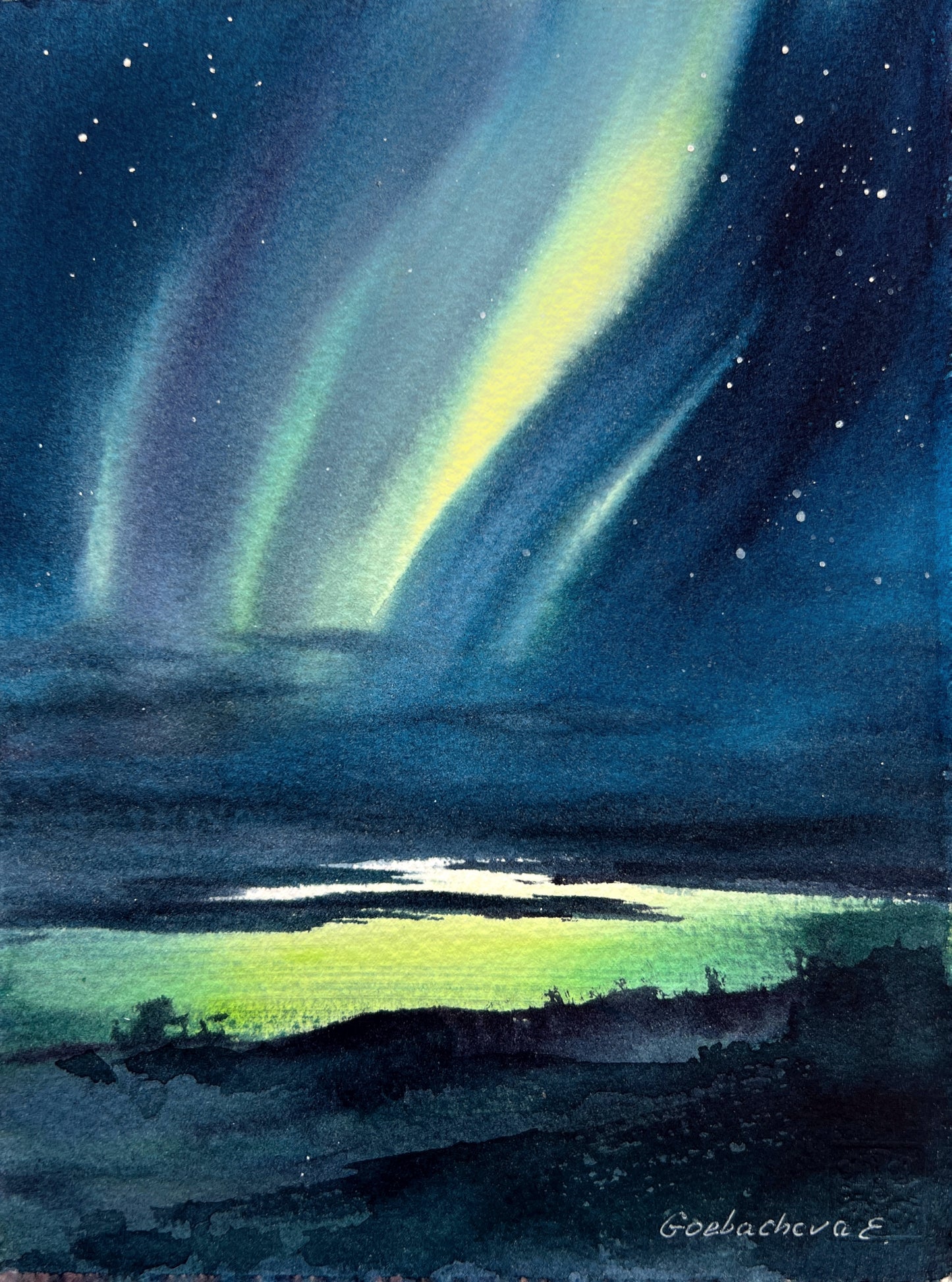 Northern Lights Painting Watercolor Original, Aurora Borealis Art, Winter Landscape Wall Decor, Small Artwork