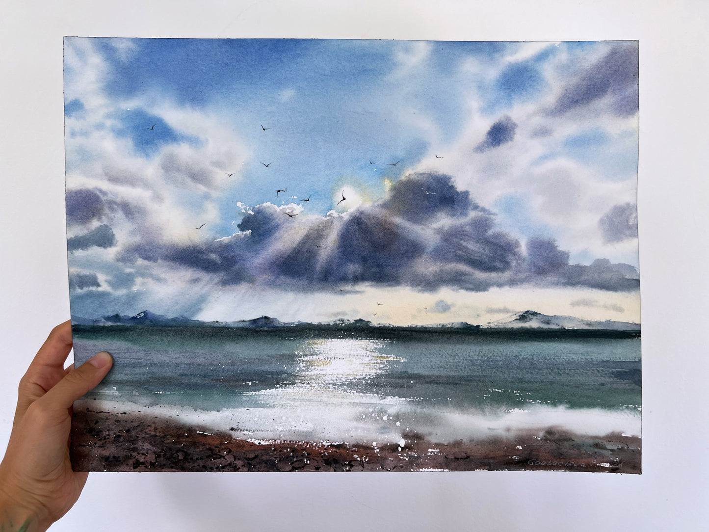 Original Beach Painting Watercolor, Coastal Artwork, Sea Wave, Seaside Wall Decor, Seascape with Clouds and Seagulls, Gift