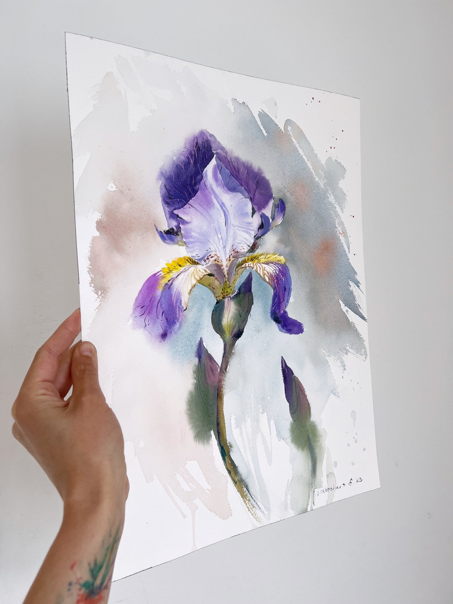 Iris Painting Original Watercolor, 16 by 11 inches, Purple Flower Wall Art, Handmade Floral Artwork Watercolor, Gift