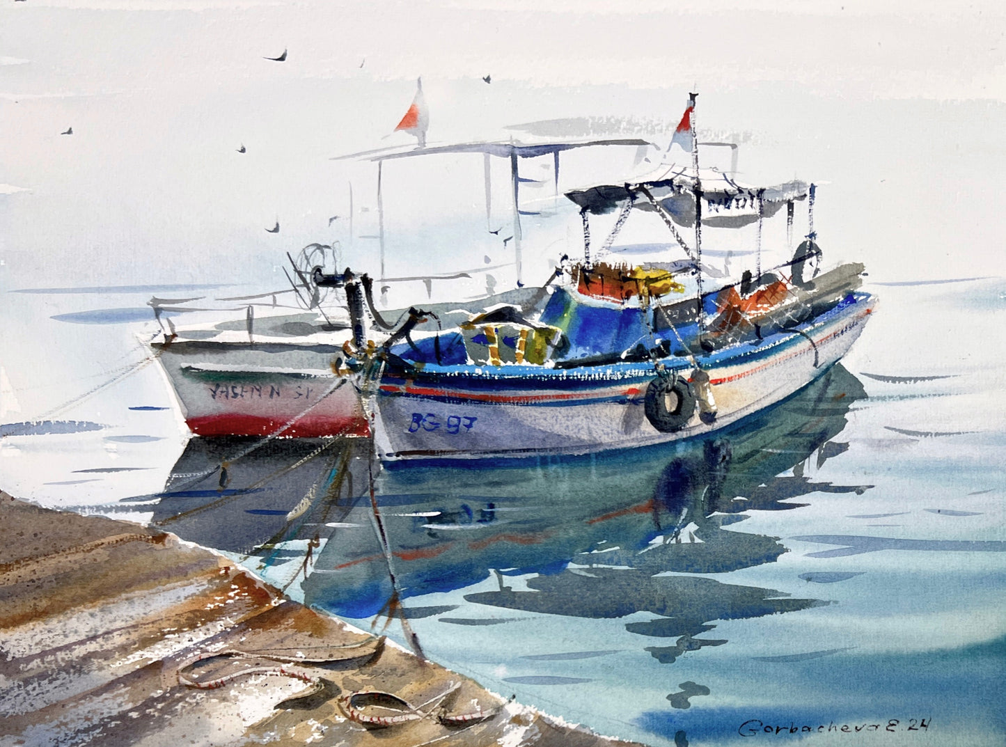 Boats at the Pier #5 - Original Watercolor Painting of Fishing Boats on the Blue Sea, 9x12 in