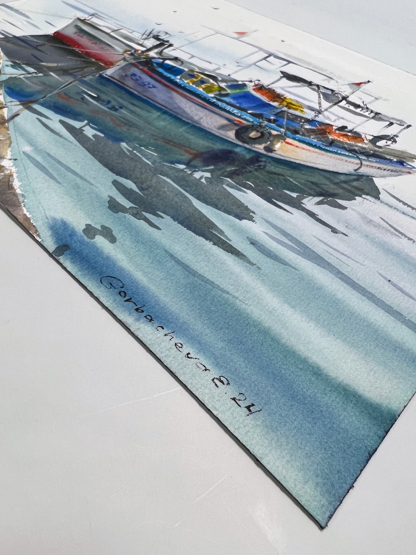 Boats at the Pier #5 - Original Watercolor Painting of Fishing Boats on the Blue Sea, 9x12 in