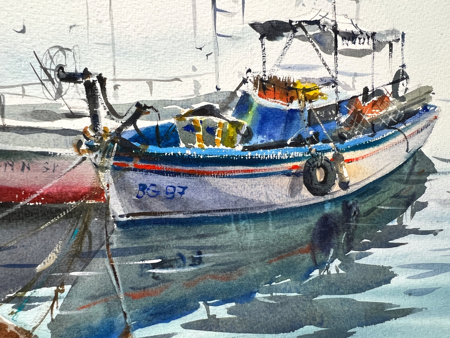 Boats at the Pier #5 - Original Watercolor Painting of Fishing Boats on the Blue Sea, 9x12 in