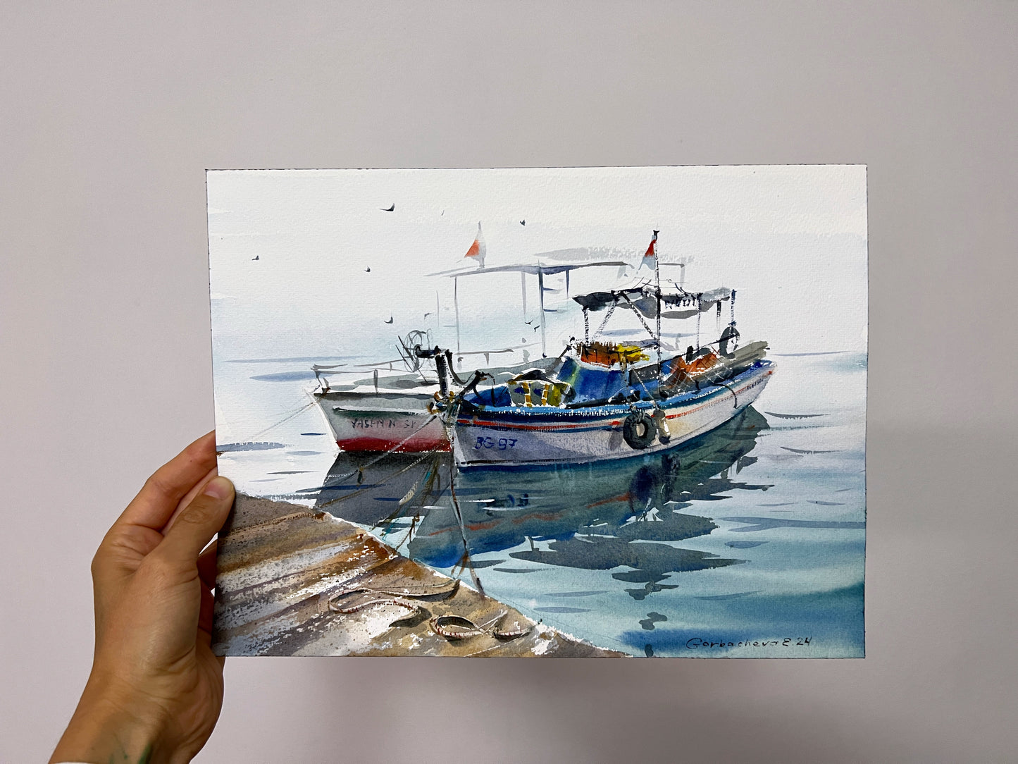 Boats at the Pier #5 - Original Watercolor Painting of Fishing Boats on the Blue Sea, 9x12 in