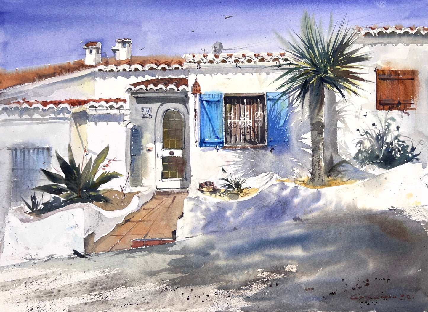 Original Watercolor Painting - White Silence of Valencia - Mediterranean Townscape