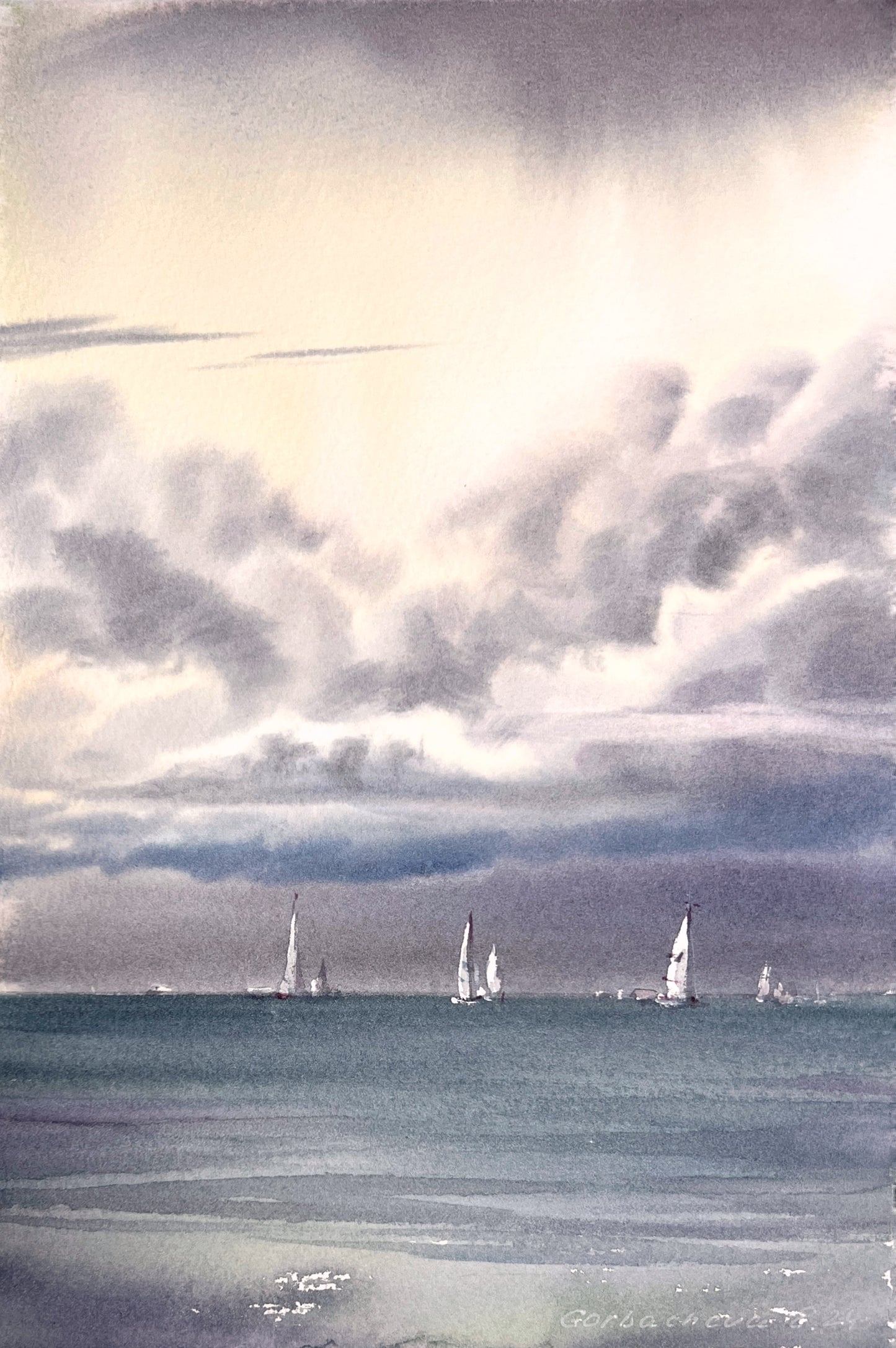 Yachts at Sea #22 Watercolor - Sailboats and Cumulus Clouds Artwork