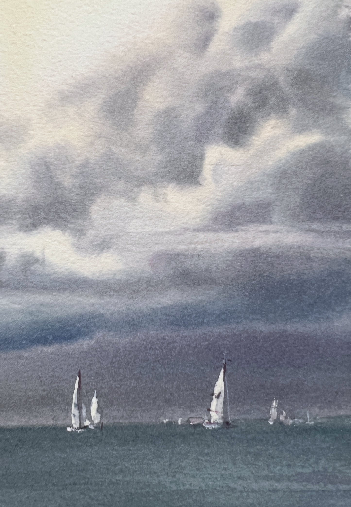 Yachts at Sea #22 Watercolor - Sailboats and Cumulus Clouds Artwork