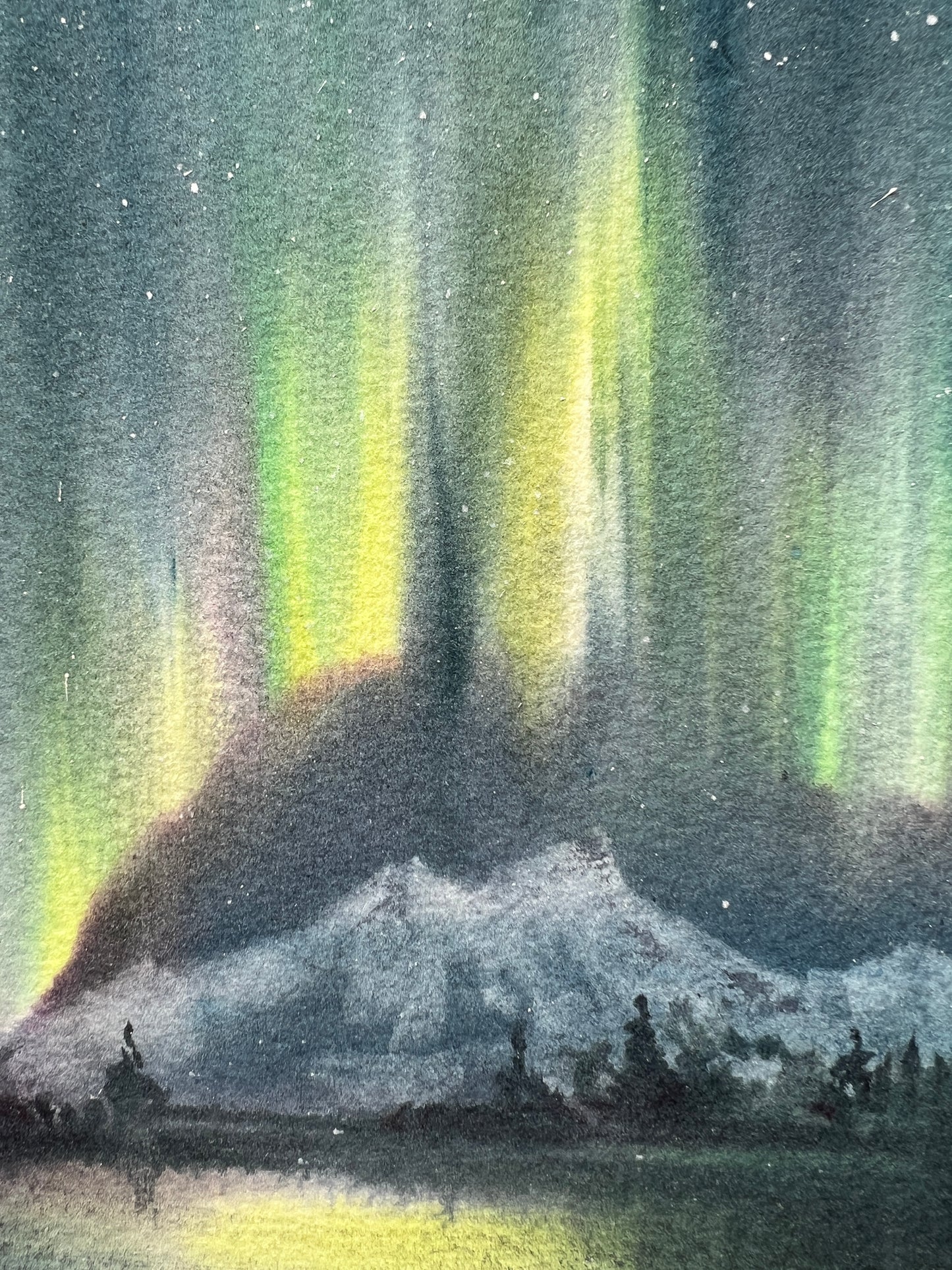 Northern lights Small Painting, Watercolor Original, Snowy Wall Art, Winter Landscape, Aurora Borealis, Christmas Gift