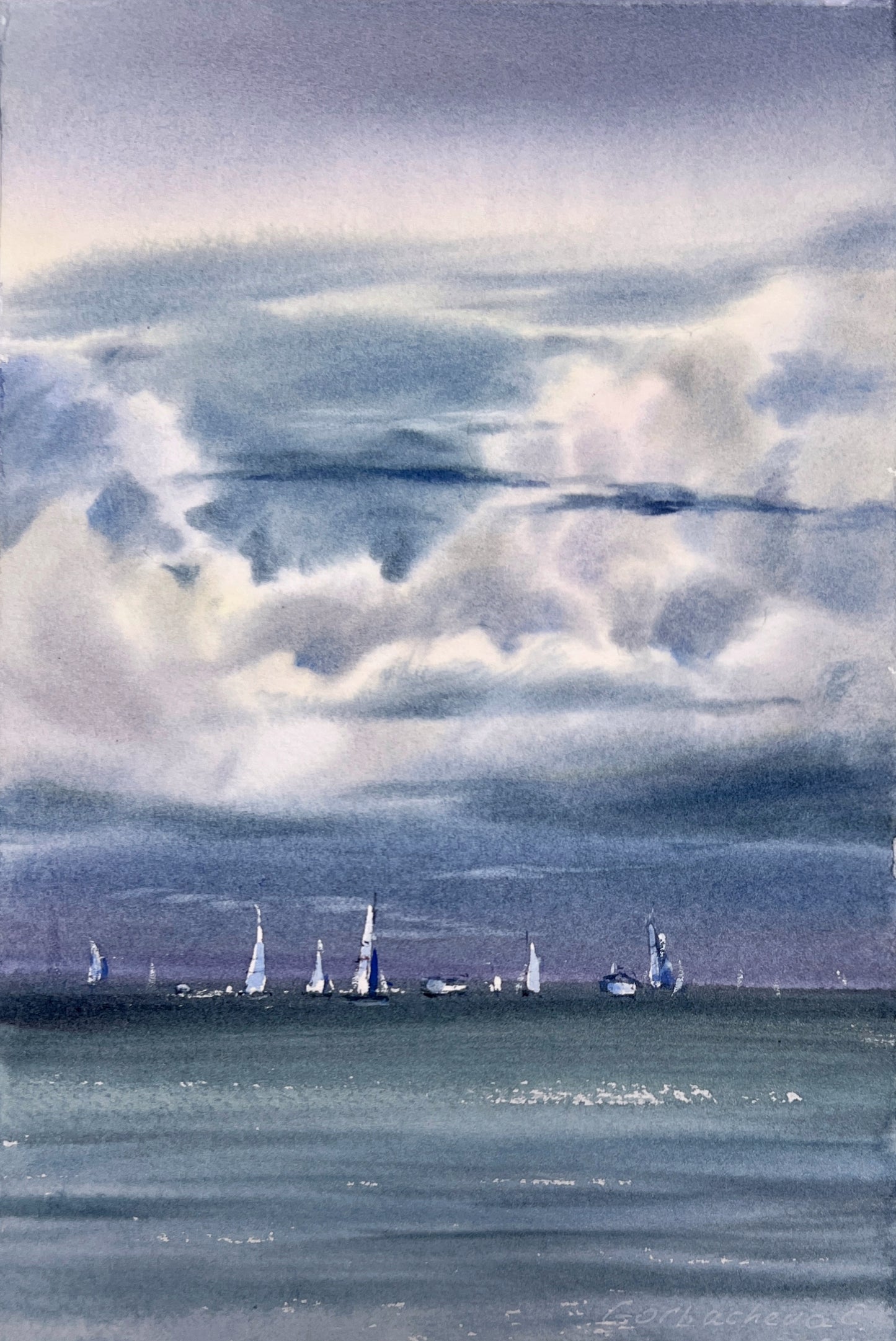 Original Watercolor Seascape, "Yachts at sea #23" Painting, Charming Gift for Ocean Lovers