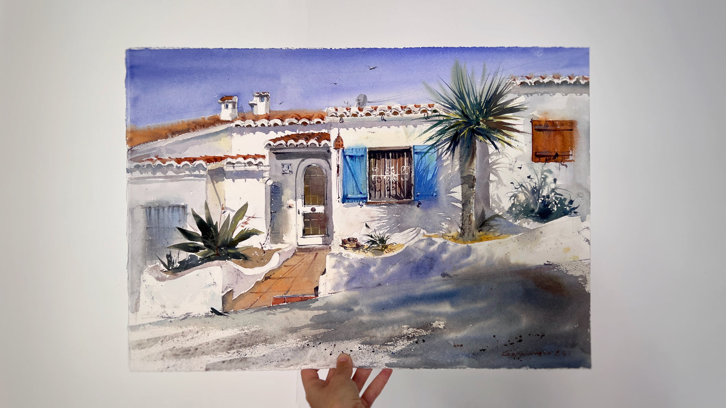 Original Watercolor Painting - White Silence of Valencia - Mediterranean Townscape