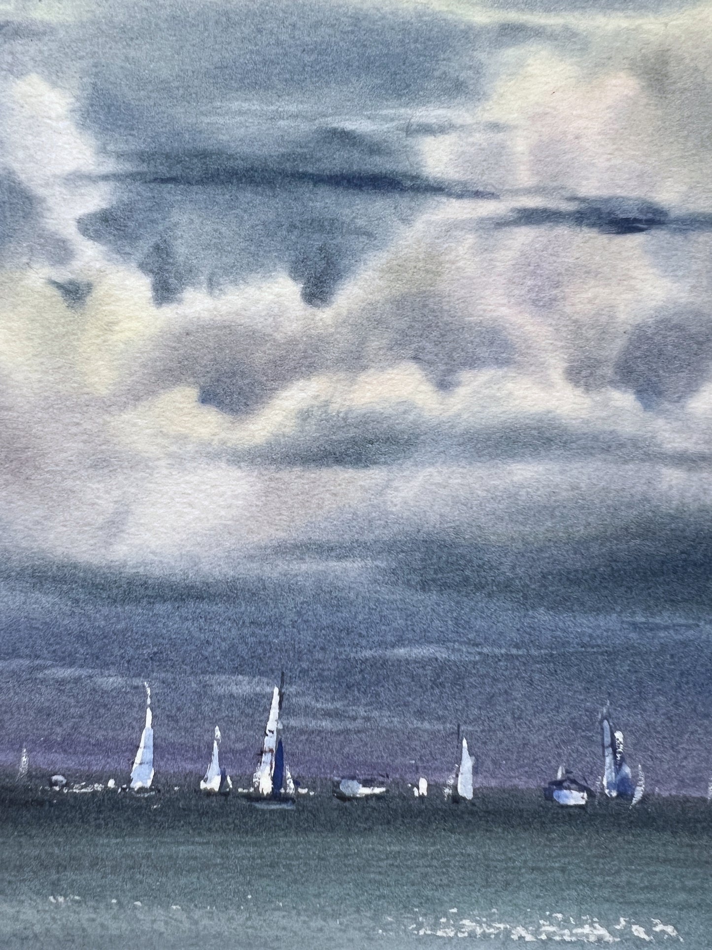 Original Watercolor Seascape, "Yachts at sea #23" Painting, Charming Gift for Ocean Lovers