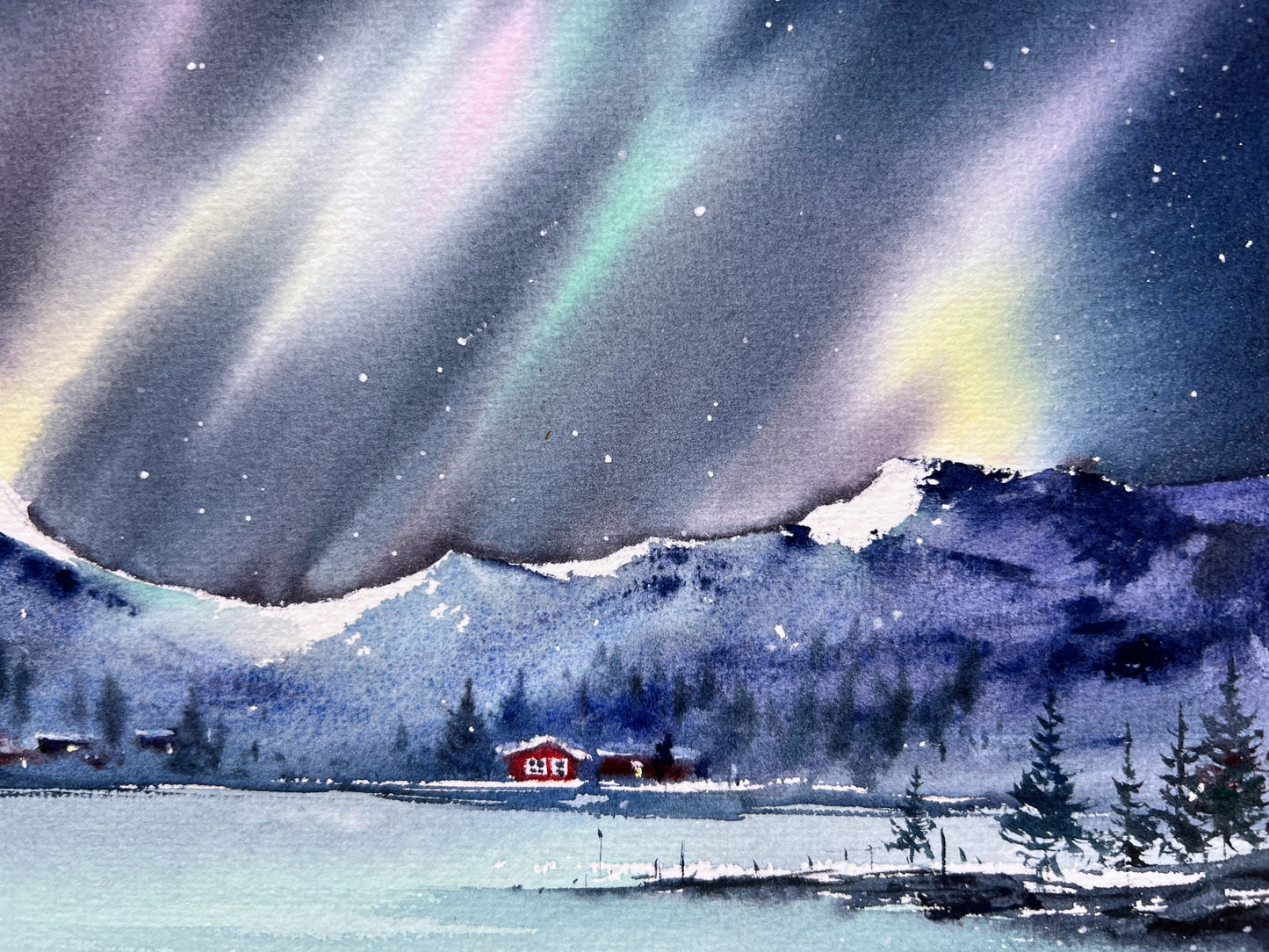 Original Watercolor Painting of Cozy Red House in Scandinavia - Northern Lights #48