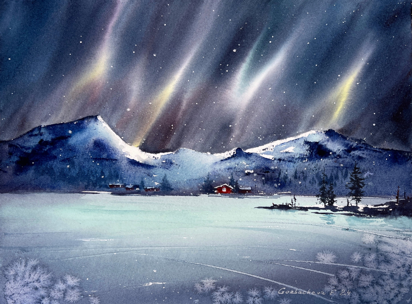 Northern lights #49 - Snowy Village Nordic Art: Cozy Red House Watercolor Painting, 9x12 in