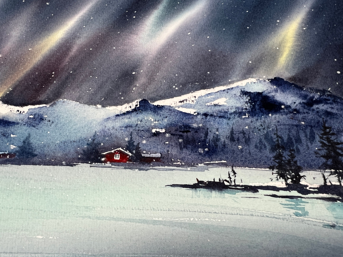 Northern lights #49 - Snowy Village Nordic Art: Cozy Red House Watercolor Painting, 9x12 in