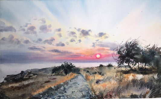 Seascape Painting Watercolor Original - Sunrise on the Sea Cyprus - 13 x 22 in