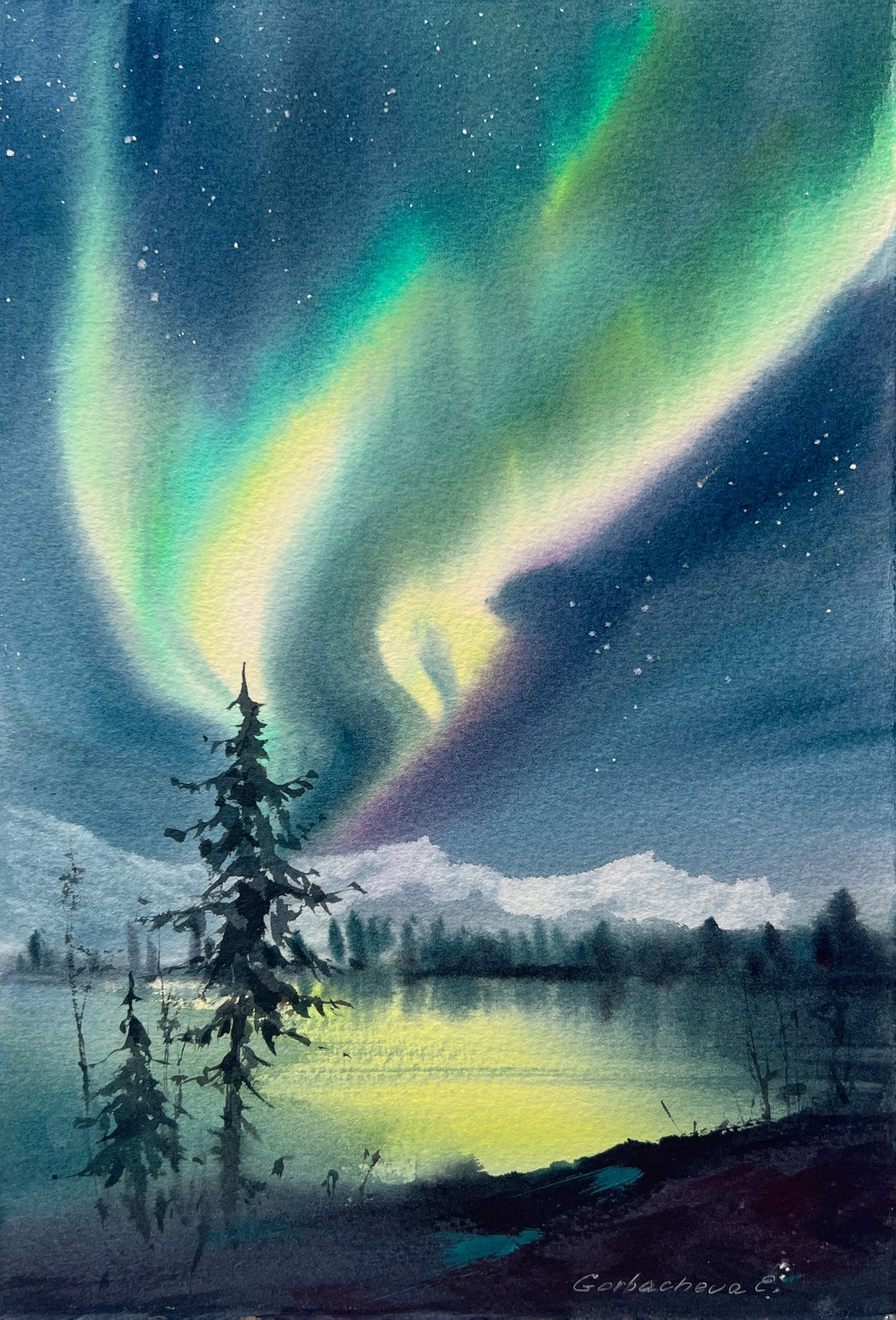 Small Painting Aurora Borealis, Watercolor Original - Northern lights #37