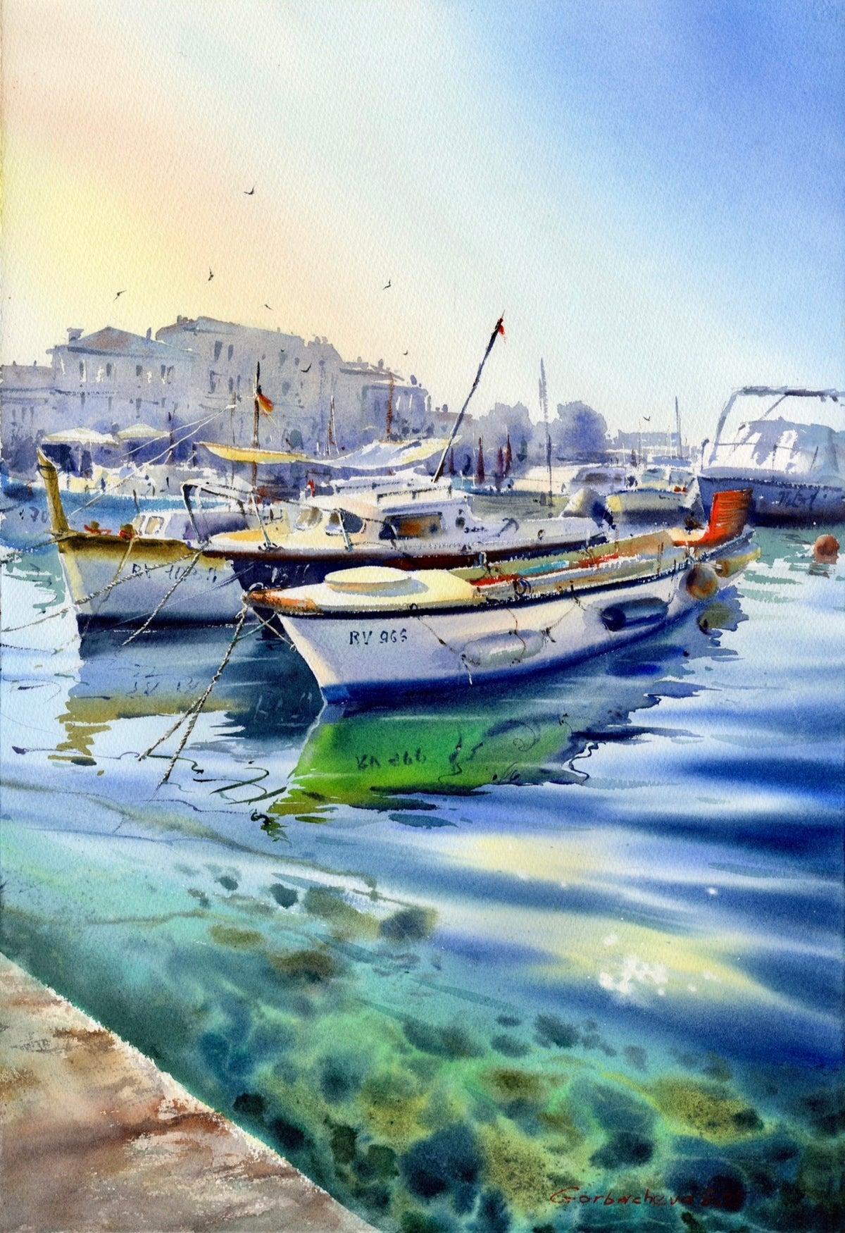 Croatia Harbor Watercolor Painting, Sailing Boats, A Quiet Croatian Harbor 16x22