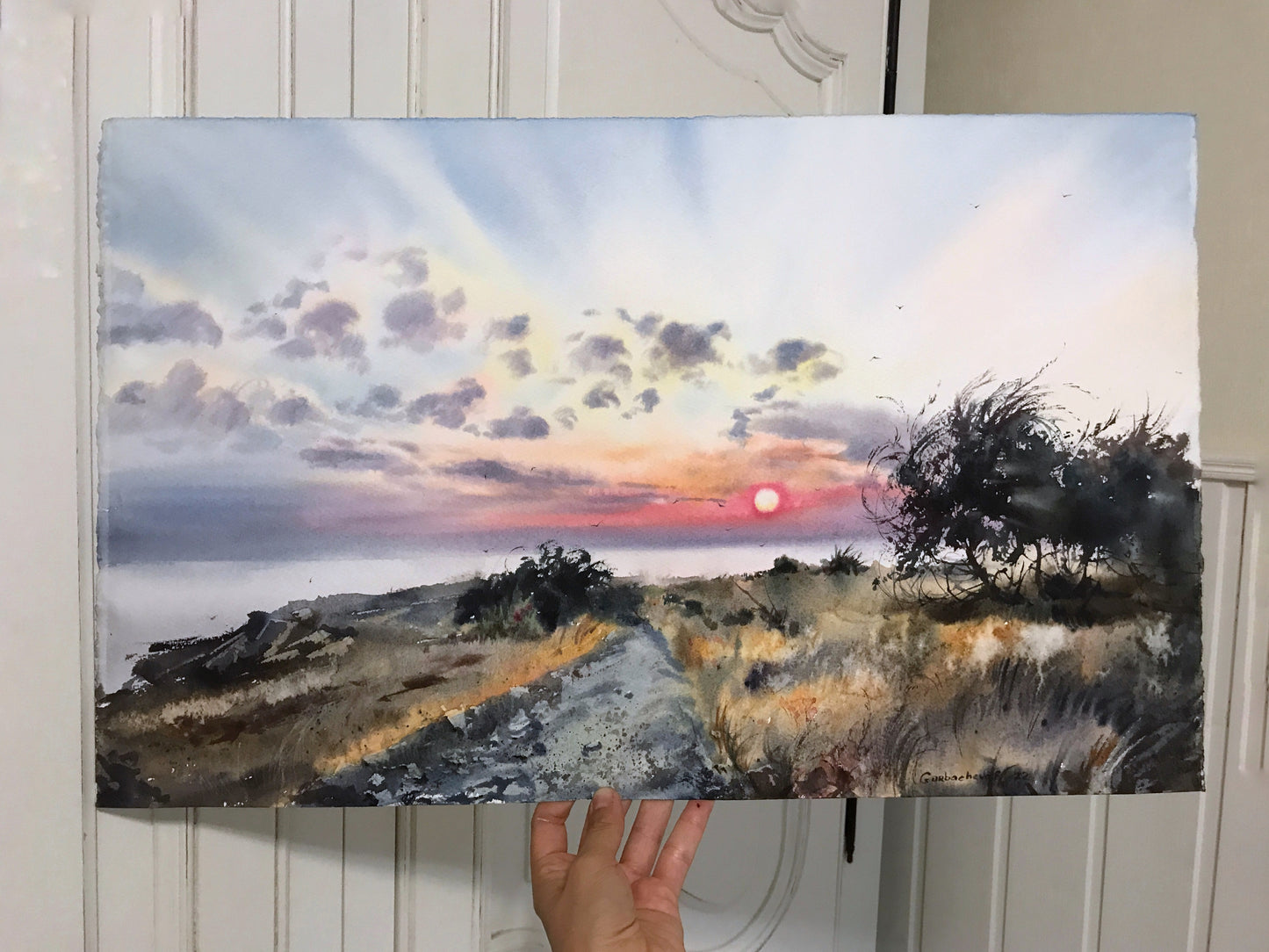 Seascape Painting Watercolor Original - Sunrise on the Sea Cyprus - 13 x 22 in