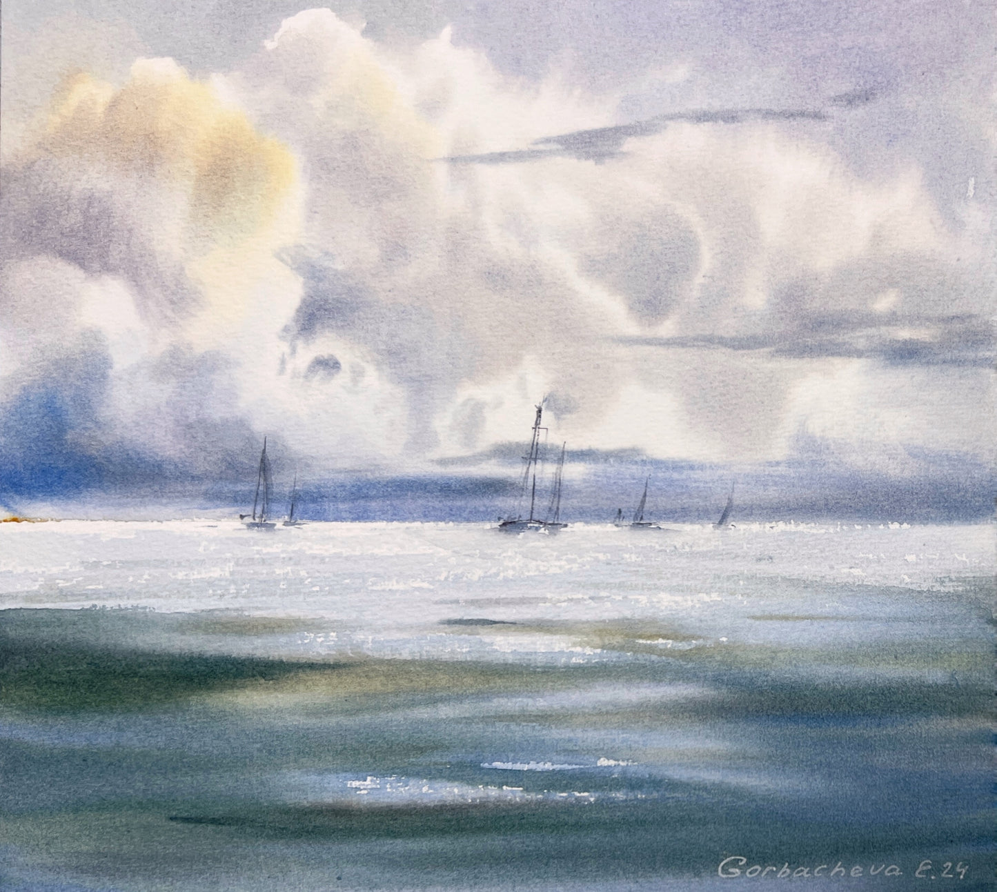 Yachts at Sea #21: Original Watercolor Artwork of Serene Seaside Scene