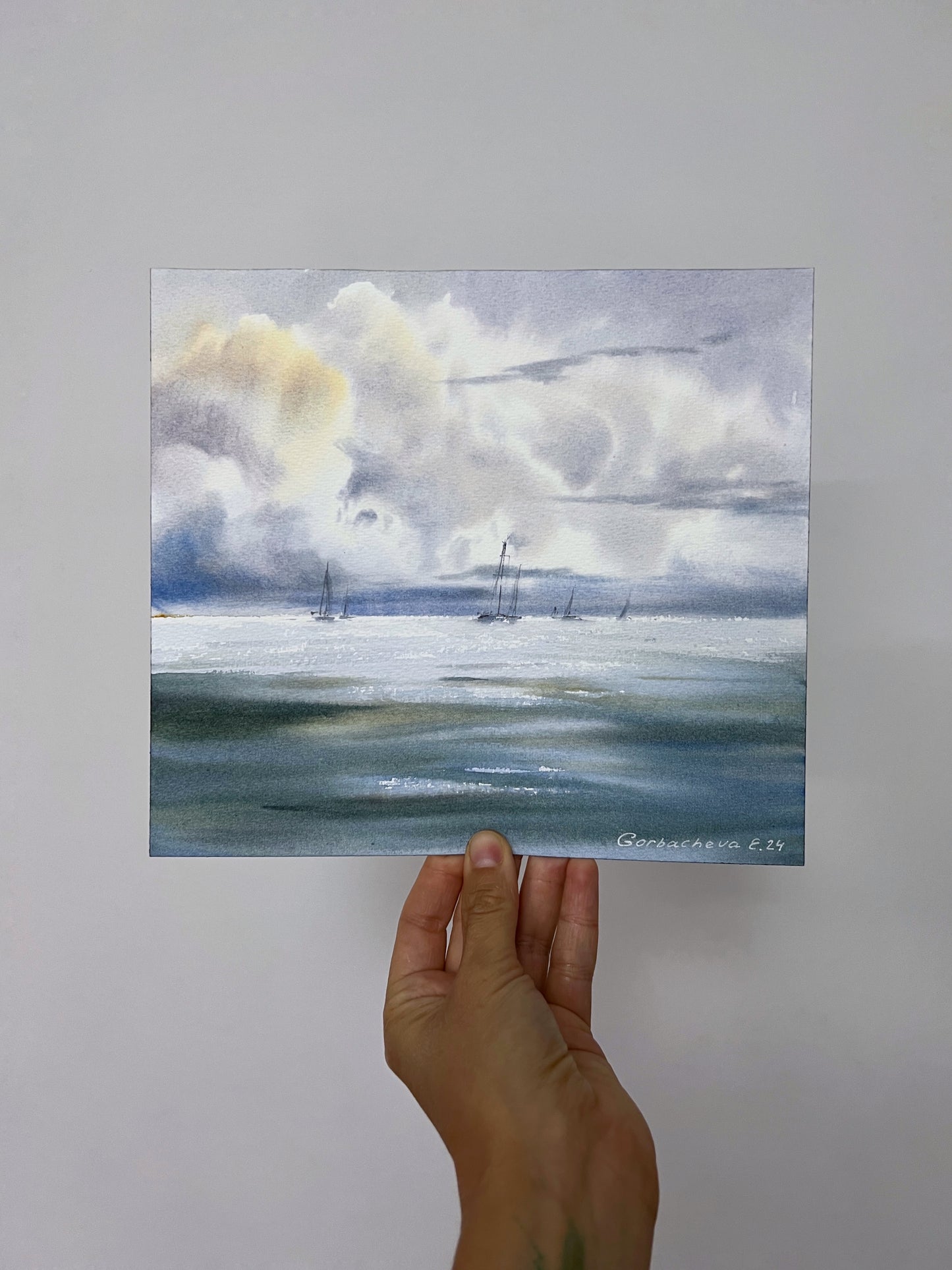 Yachts at Sea #21: Original Watercolor Artwork of Serene Seaside Scene