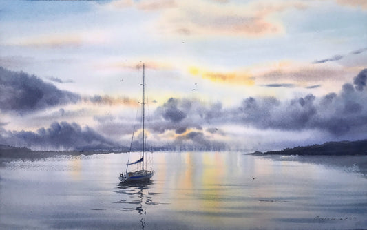Seascape Painting Watercolor Original - Yachts at sunset #8 - 13x22 in