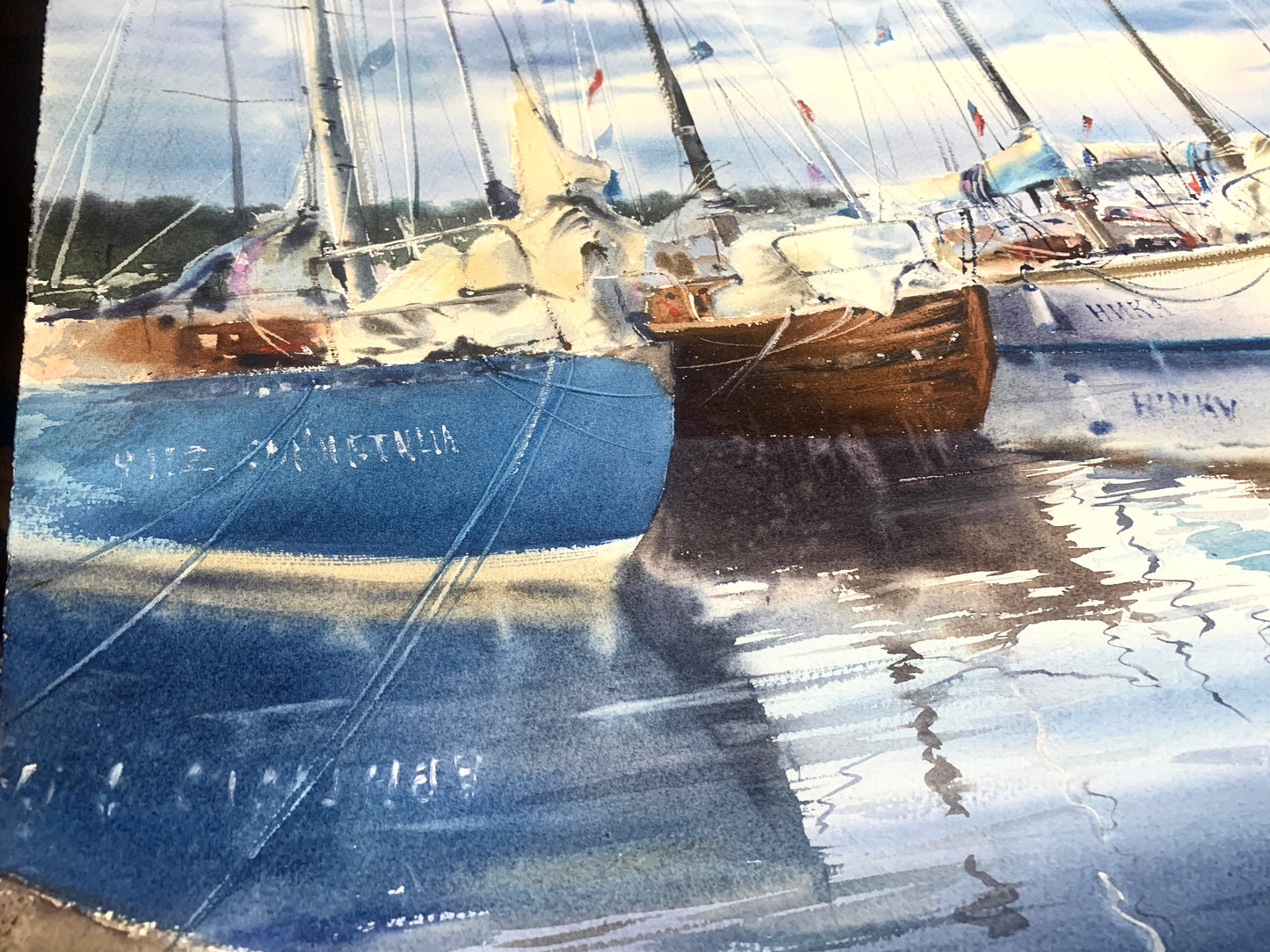 Yachts Moored at the Pier, Original Watercolor Painting, Unique Exhibition Artwork