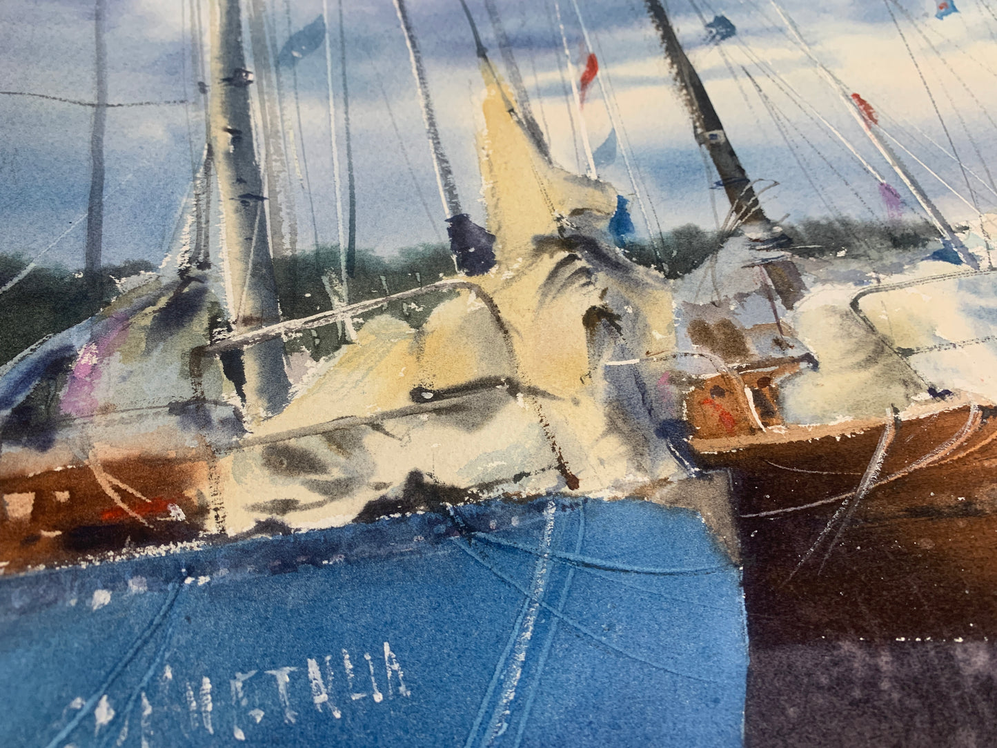 Yachts Moored at the Pier, Original Watercolor Painting, Unique Exhibition Artwork