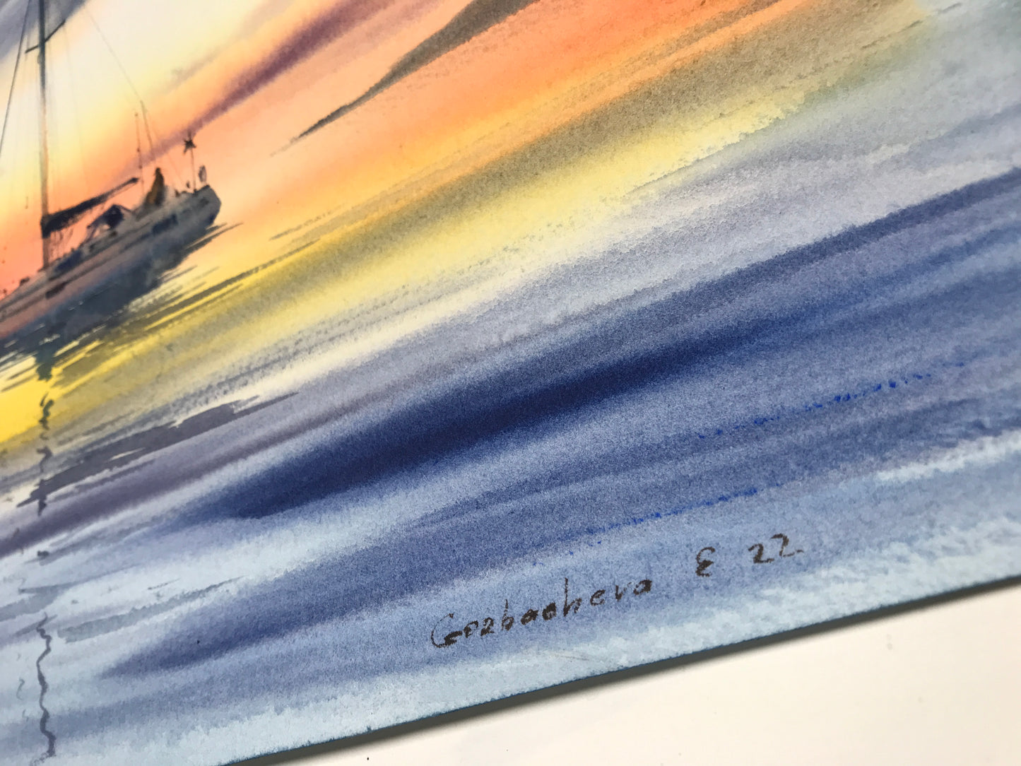 Large Sailboat Sunset Painting, Yachts at sunset #7 13x22 in