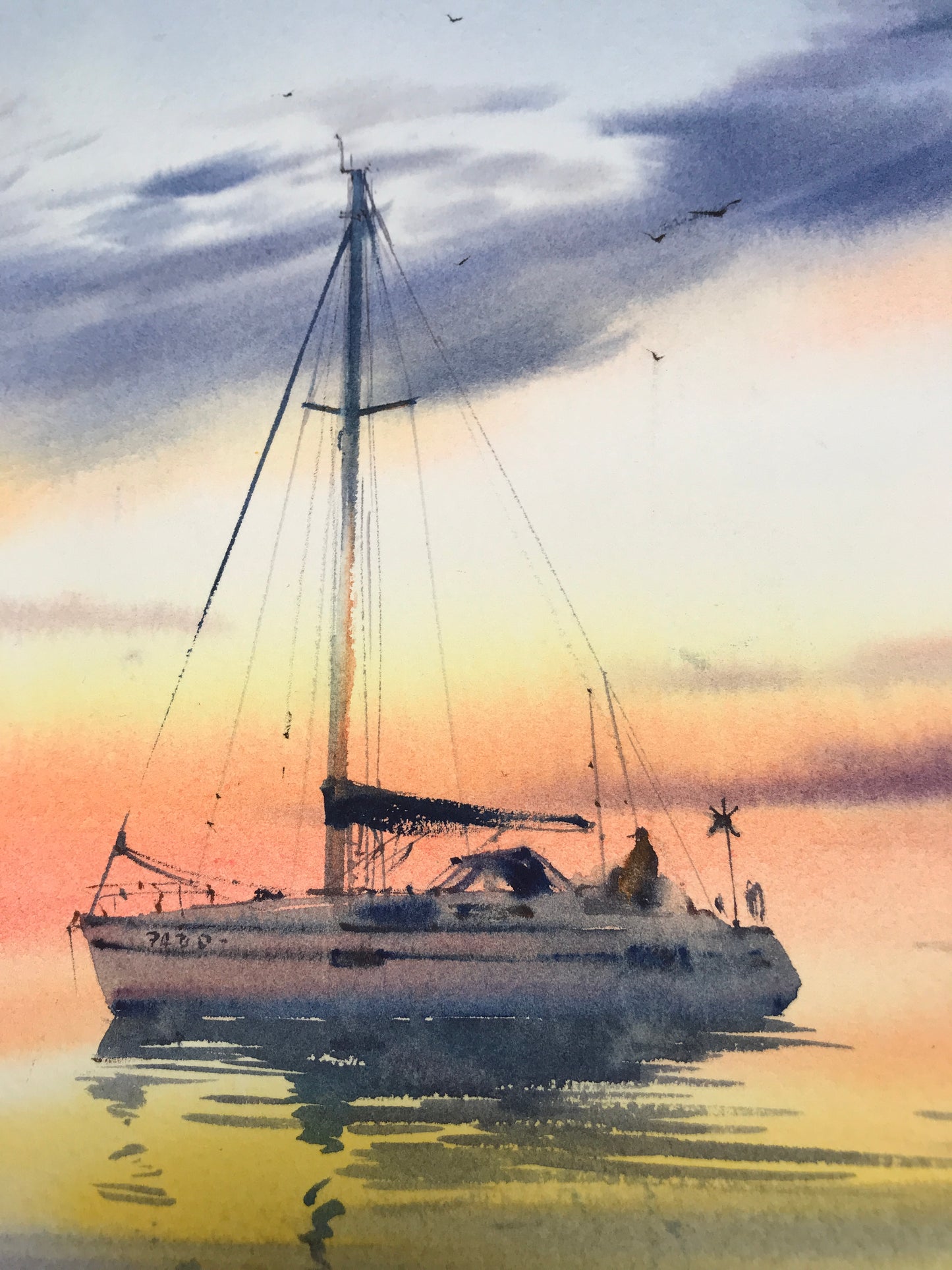 Nautical Painting Watercolor Original - Yachts at sunset #7 - 13x22 in