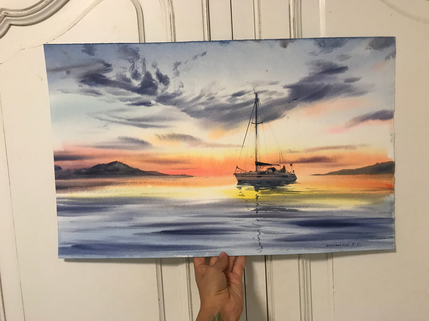 Nautical Painting Watercolor Original - Yachts at sunset #7 - 13x22 in