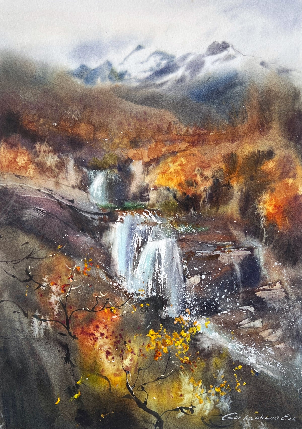Autumn Waterfall Painting, Mountain Landscape Watercolor, The Golden Silence 9x13 in
