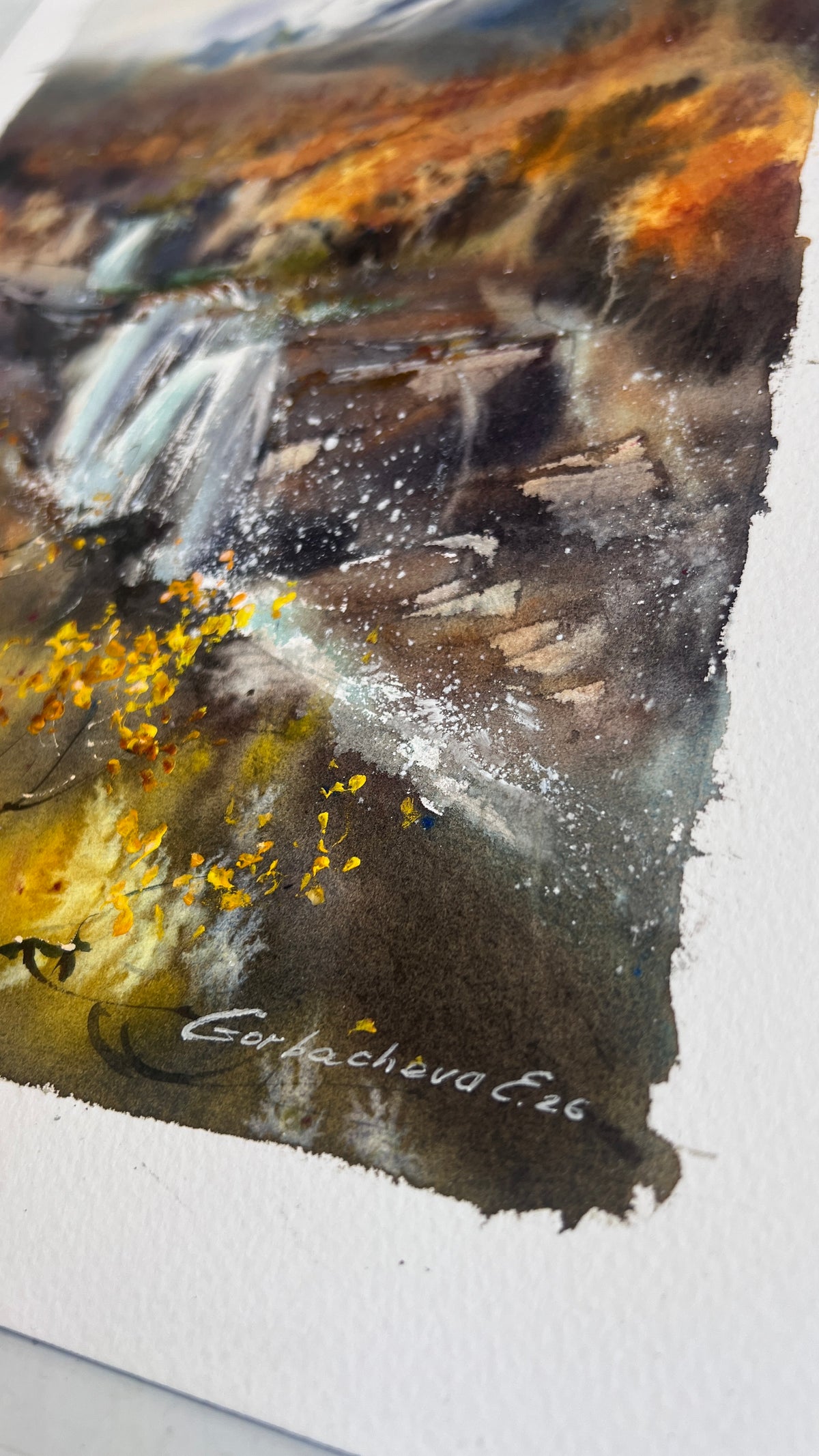 Autumn Waterfall Painting, Mountain Landscape Watercolor, The Golden Silence 9x13 in