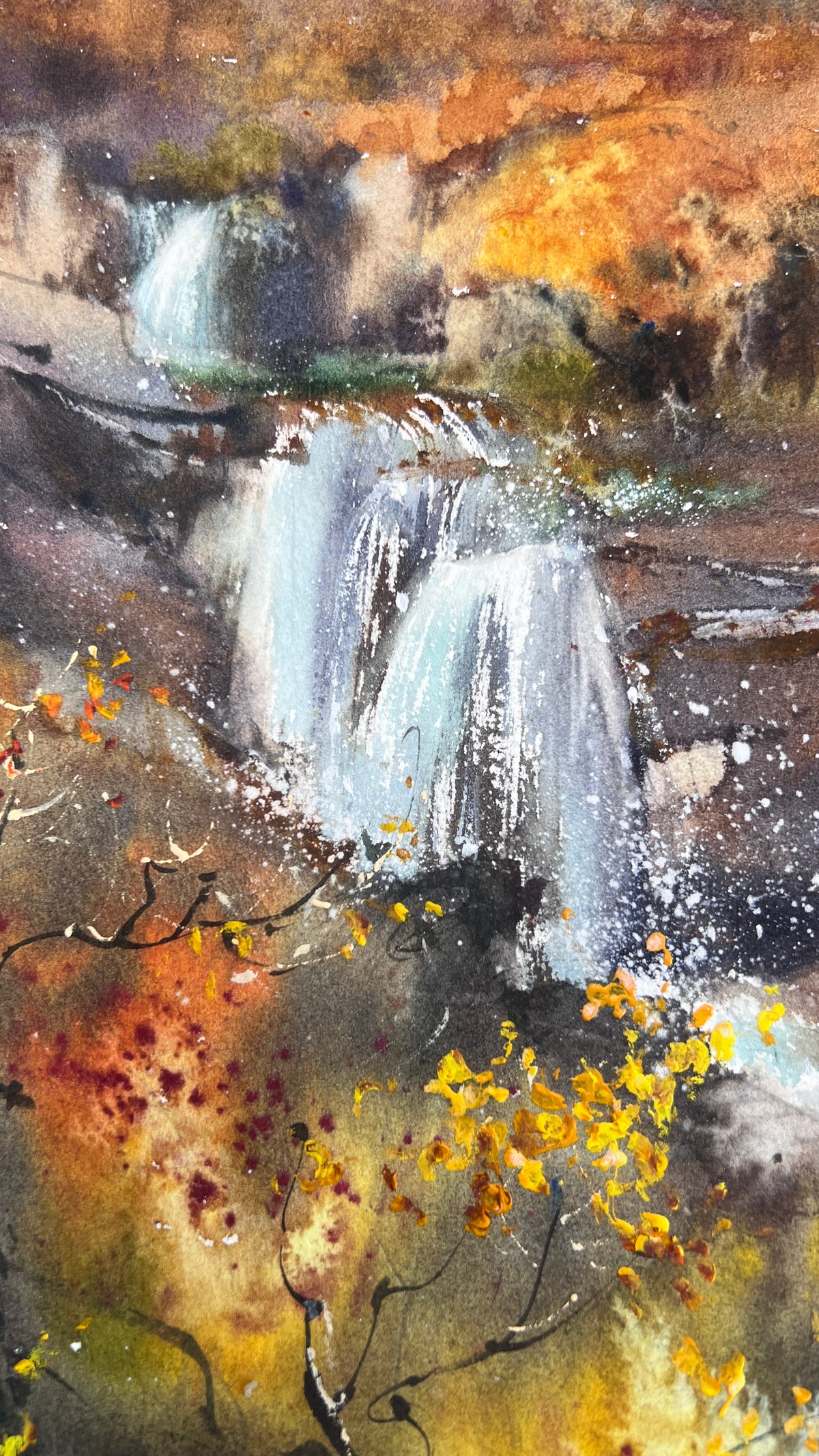 Autumn Waterfall Painting, Mountain Landscape Watercolor, The Golden Silence 9x13 in