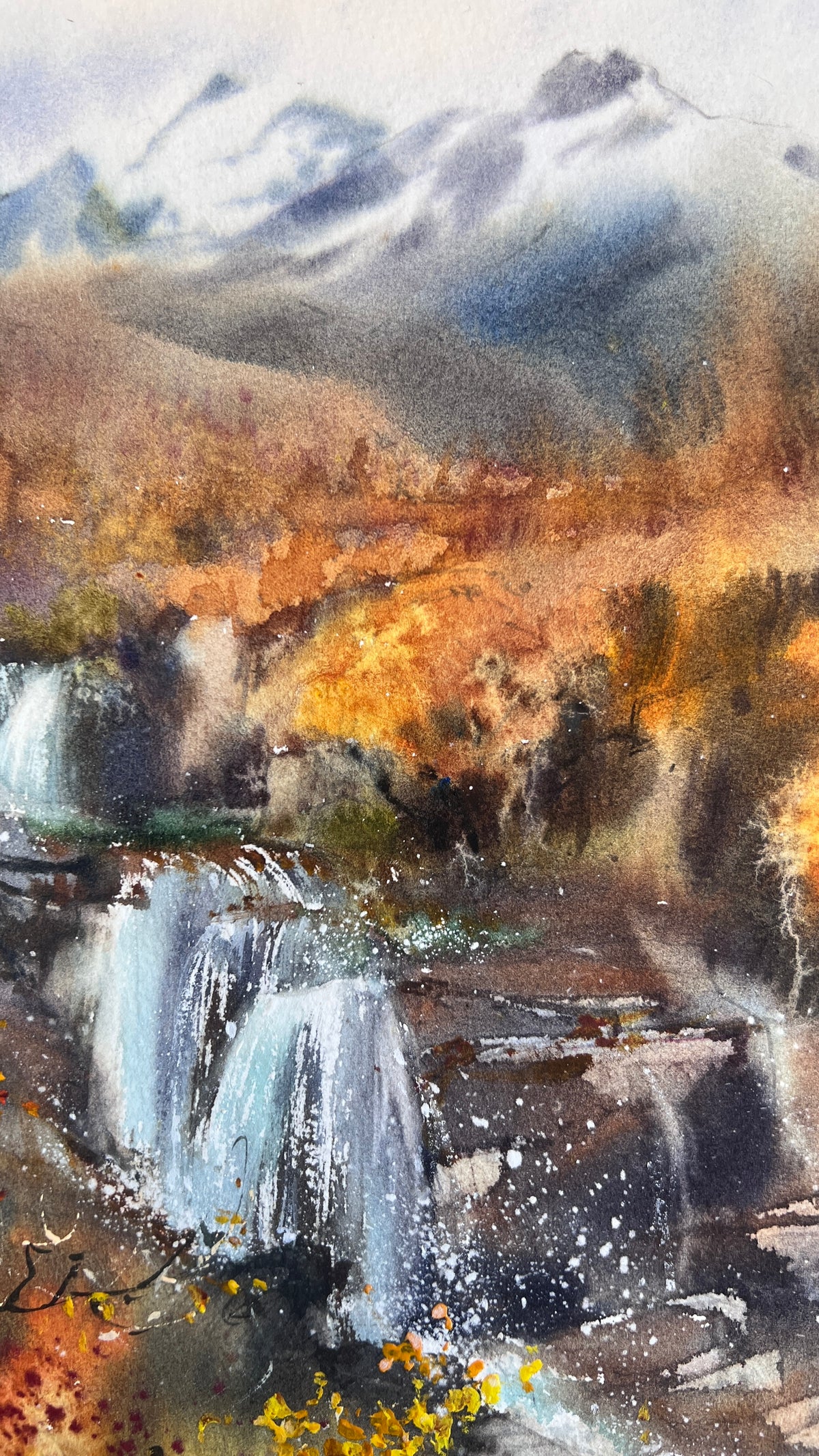 Autumn Waterfall Painting, Mountain Landscape Watercolor, The Golden Silence 9x13 in