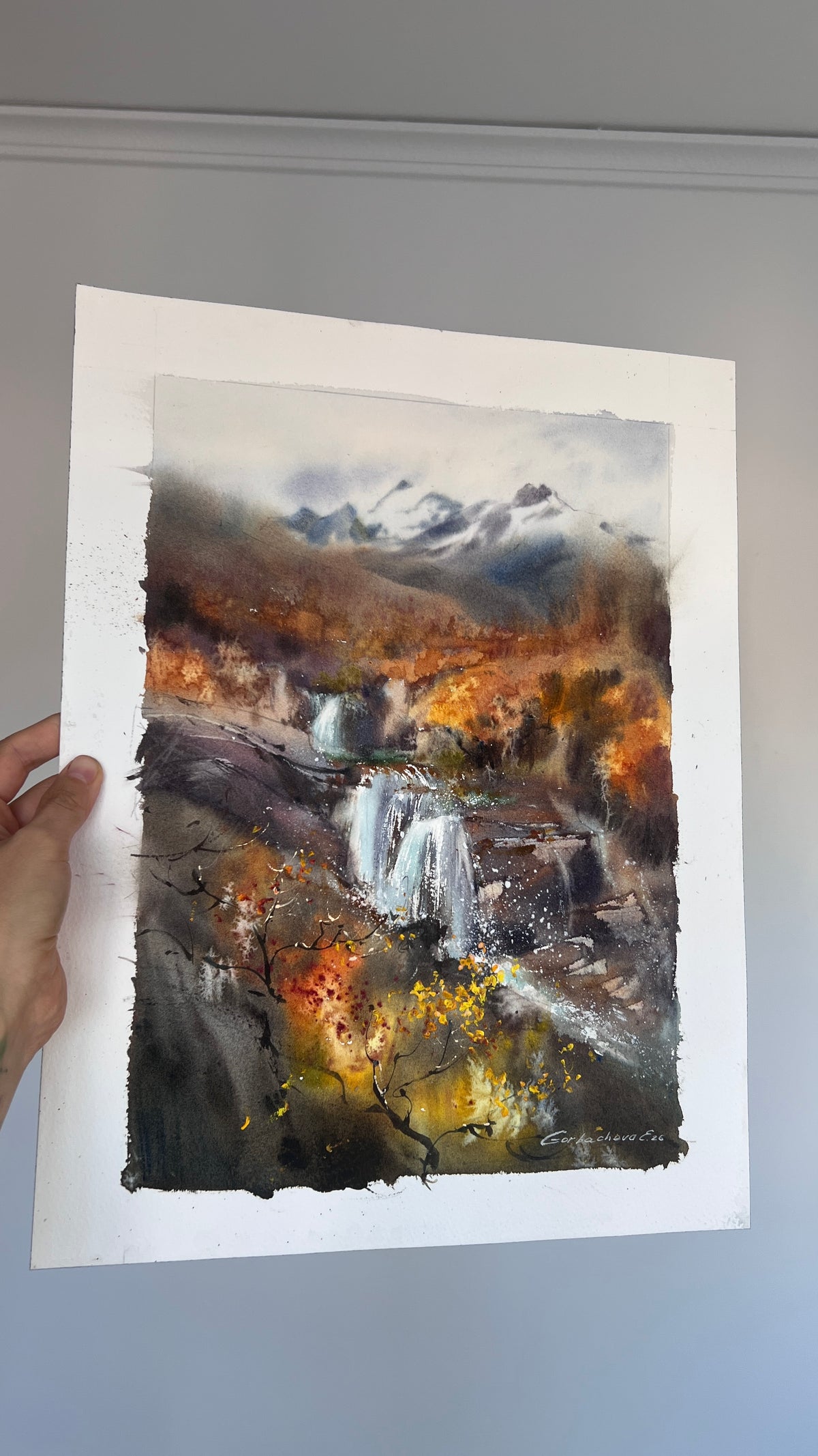 Autumn Waterfall Painting, Mountain Landscape Watercolor, The Golden Silence 9x13 in